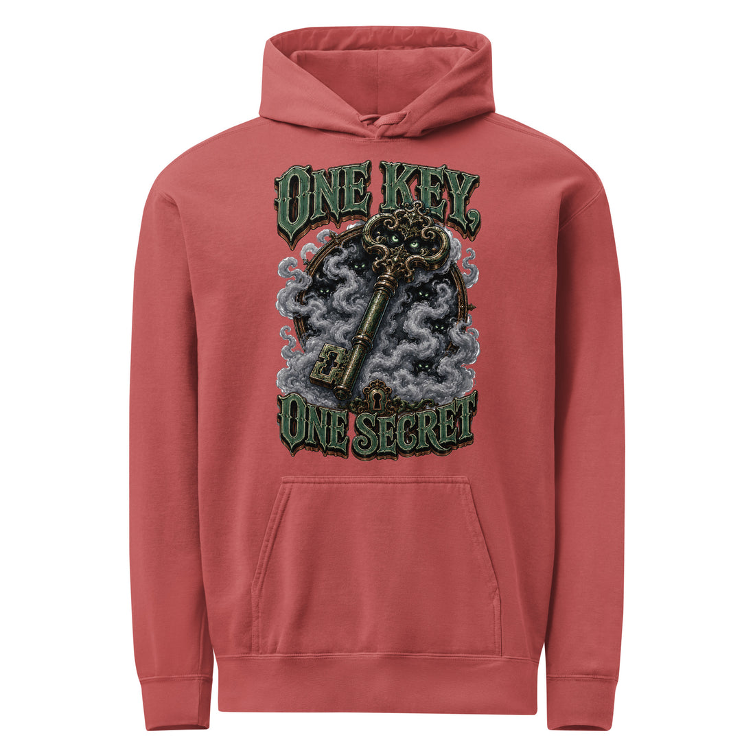 Horror & Mystery Lovers Unisex Garment-Dyed Hoodie with "One Key, One Secret" Design by printfluence.net