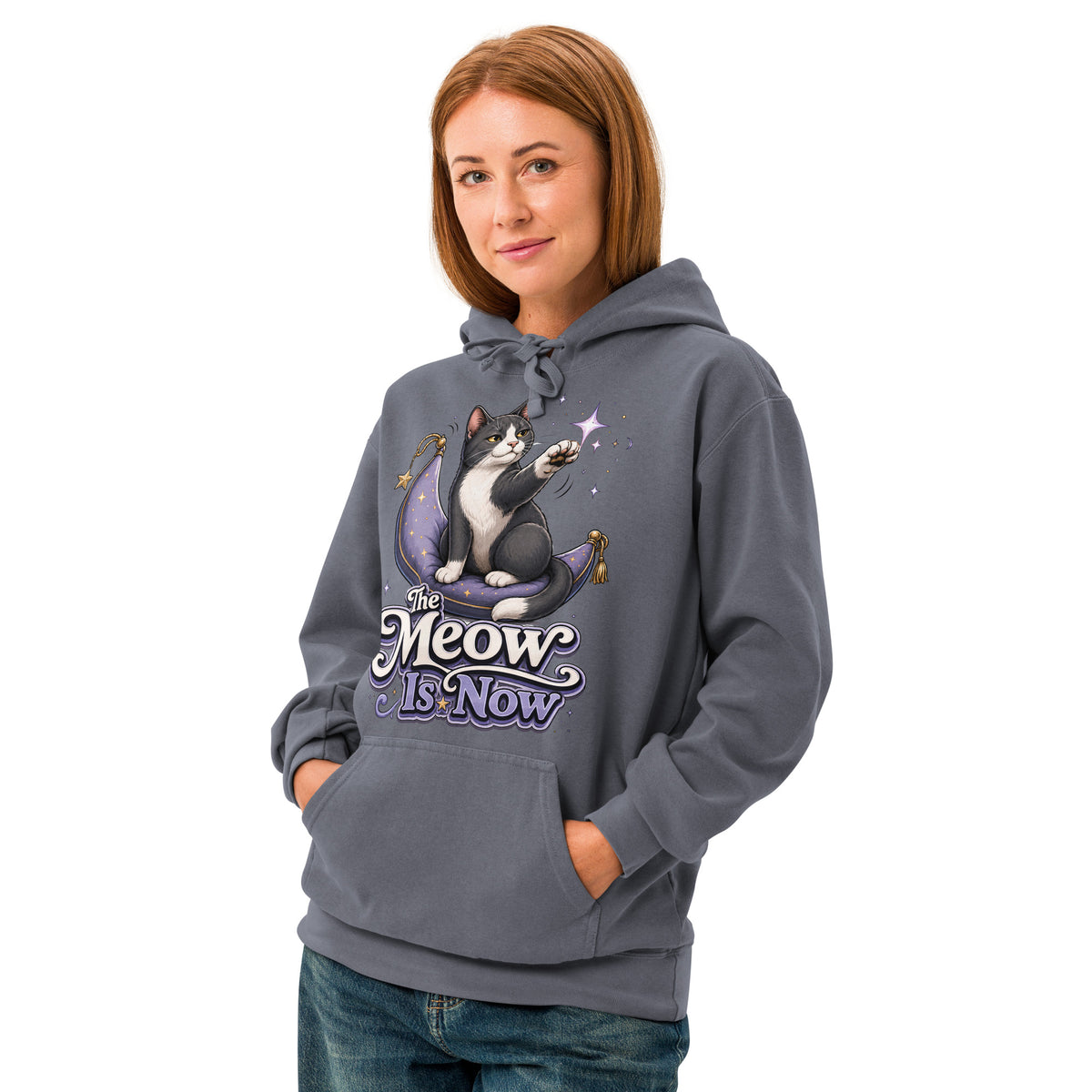 Cat Lovers "The Meow Is Now" Unisex Garment-Dyed Hoodie by printfluence.net