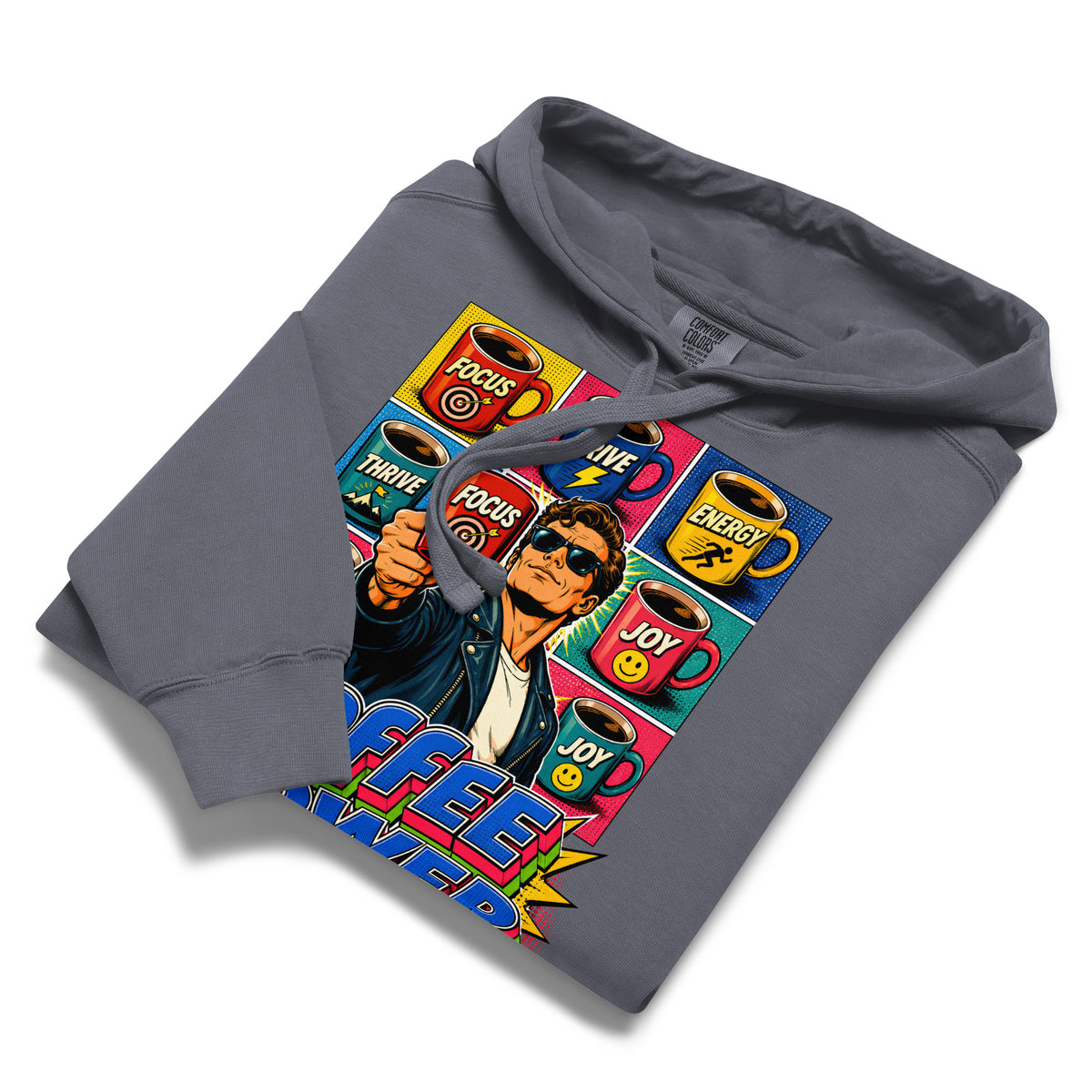 Coffee Lovers Unisex Garment-Dyed Hoodie Coffee Power – Retro Pop Art Motivational Graphic Pullover by printfluence.net