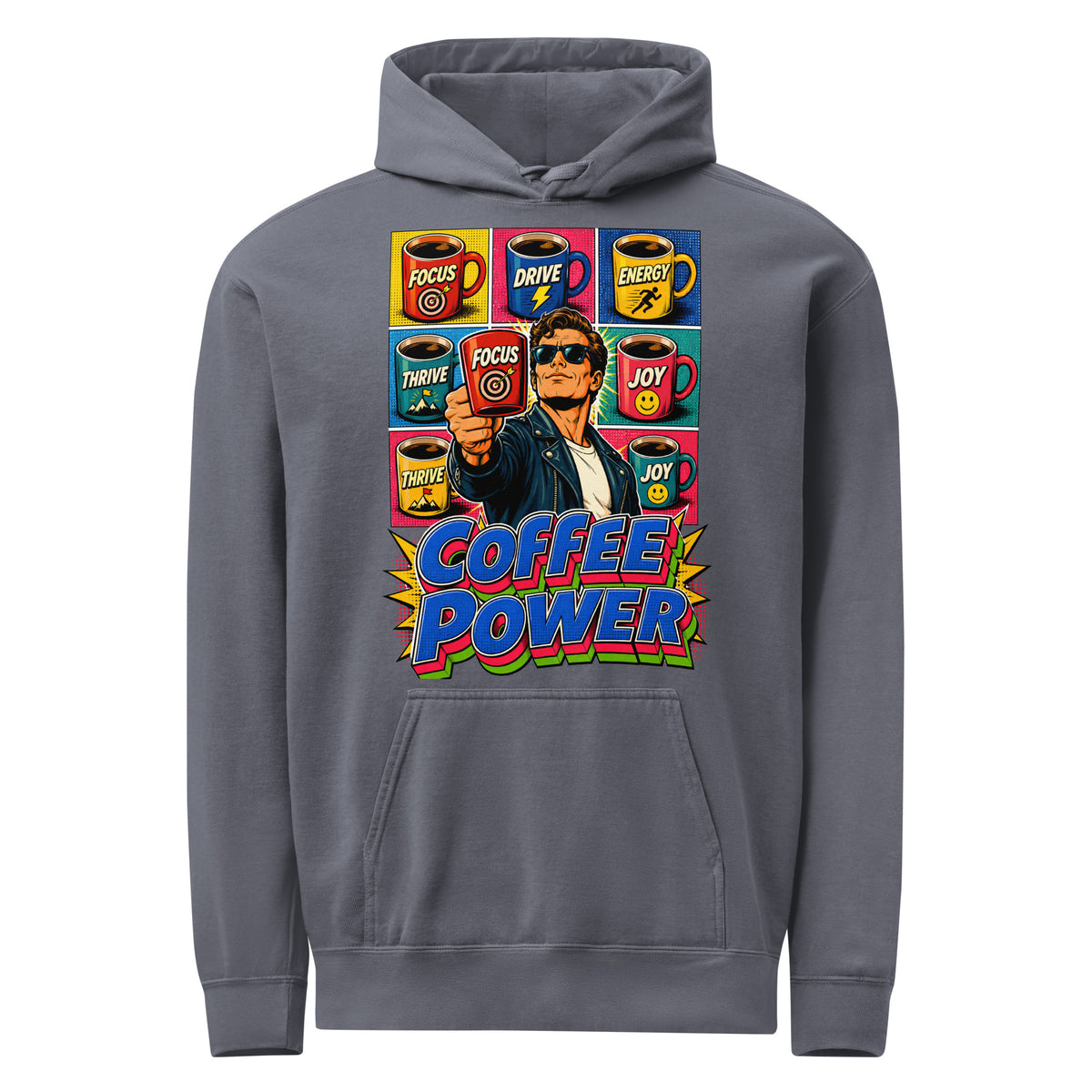 Coffee Lovers Unisex Garment-Dyed Hoodie Coffee Power – Retro Pop Art Motivational Graphic Pullover by printfluence.net