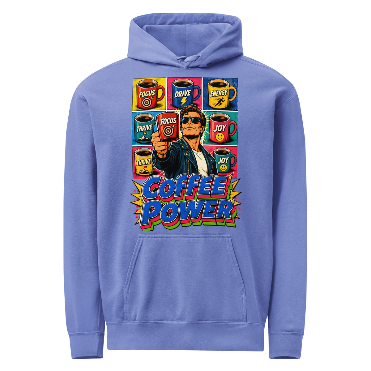 Coffee Lovers Unisex Garment-Dyed Hoodie Coffee Power – Retro Pop Art Motivational Graphic Pullover by printfluence.net