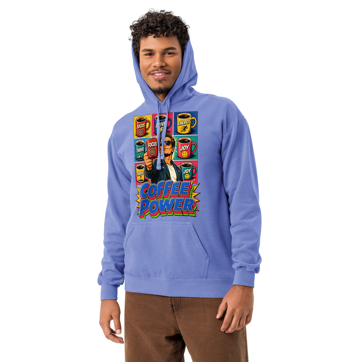 Coffee Lovers Unisex Garment-Dyed Hoodie Coffee Power – Retro Pop Art Motivational Graphic Pullover by printfluence.net