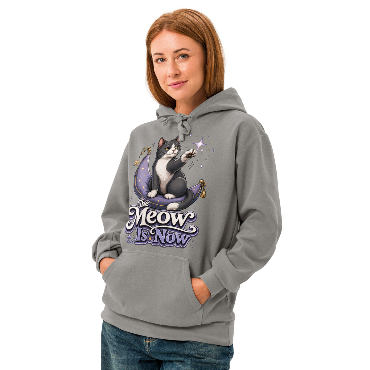 Cat Lovers "The Meow Is Now" Unisex Garment-Dyed Hoodie by printfluence.net