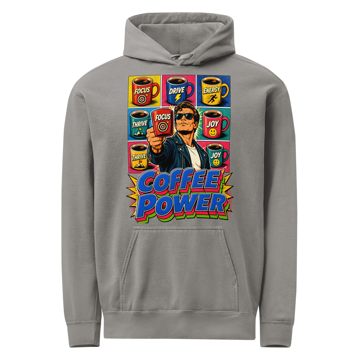 Coffee Lovers Unisex Garment-Dyed Hoodie Coffee Power – Retro Pop Art Motivational Graphic Pullover by printfluence.net