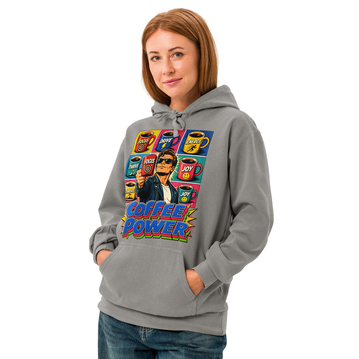 Coffee Lovers Unisex Garment-Dyed Hoodie Coffee Power – Retro Pop Art Motivational Graphic Pullover by printfluence.net