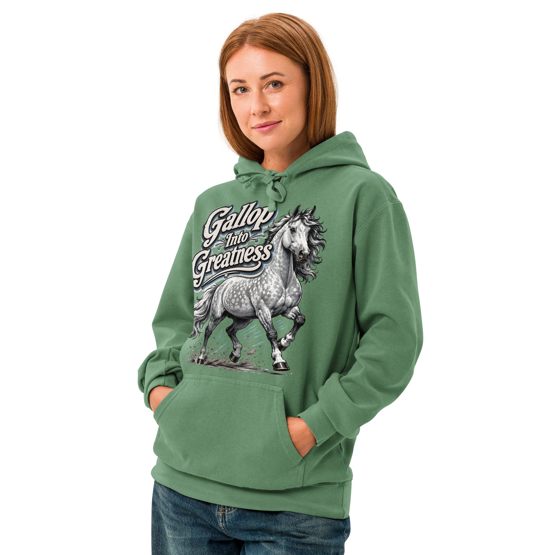 Gallop Into Greatness Horse Garment-Dyed Heavyweight Hoodie – Ultimate Horse Lovers Edition by printfluence.net
