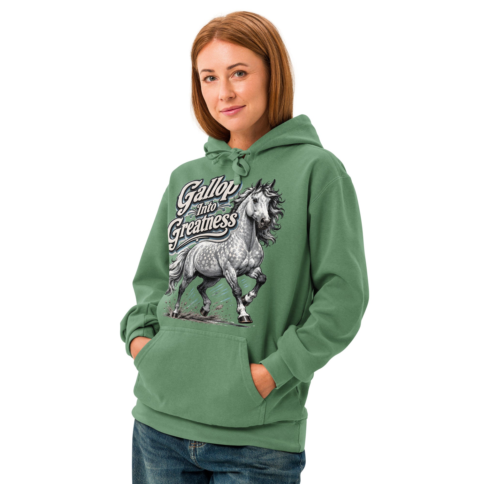 Gallop Into Greatness Horse Garment-Dyed Heavyweight Hoodie – Ultimate Horse Lovers Edition by printfluence.net