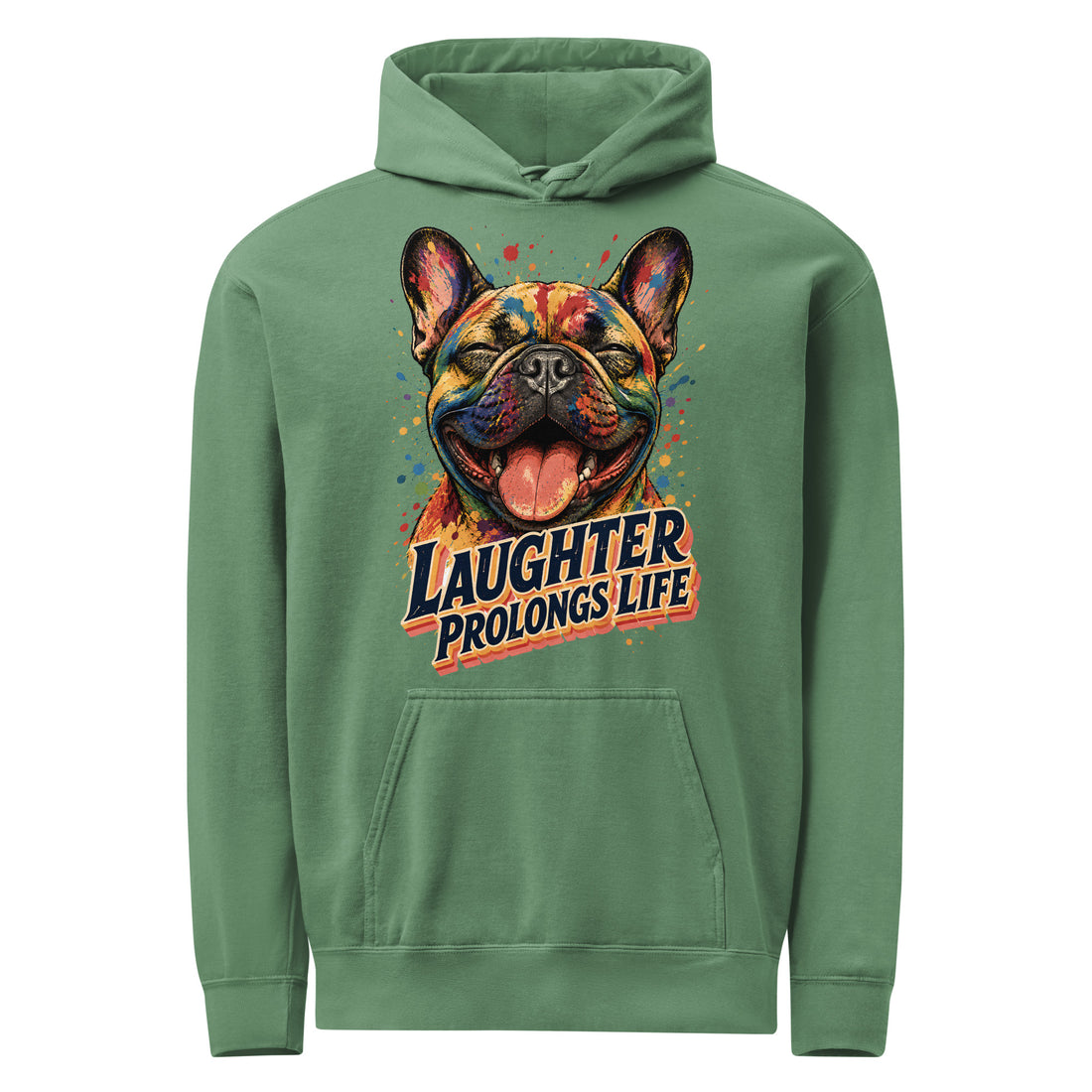 Frenchie Laughter Garment-Dyed Hoodie - Unisex Vintage French Bulldog Lovers Pullover H-11 by printfluence.net