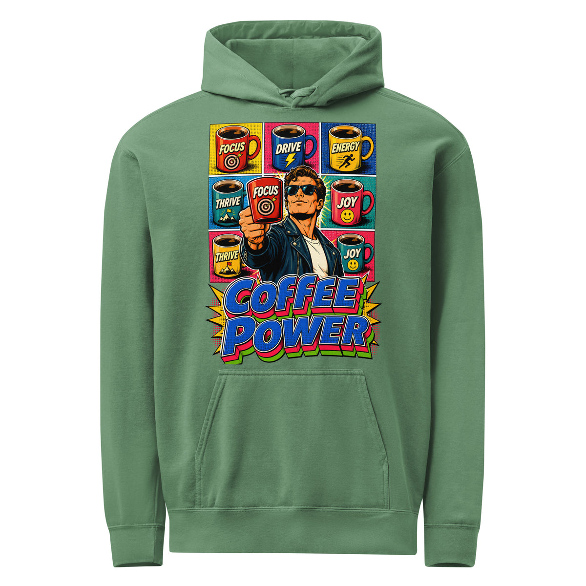 Coffee Lovers Unisex Garment-Dyed Hoodie Coffee Power – Retro Pop Art Motivational Graphic Pullover by printfluence.net