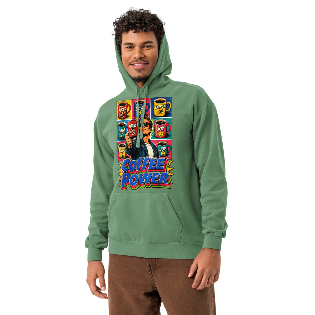 Coffee Lovers Unisex Garment-Dyed Hoodie Coffee Power – Retro Pop Art Motivational Graphic Pullover by printfluence.net