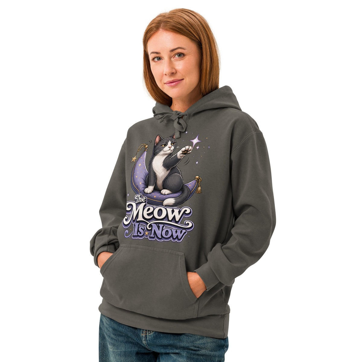 Cat Lovers "The Meow Is Now" Unisex Garment-Dyed Hoodie by printfluence.net