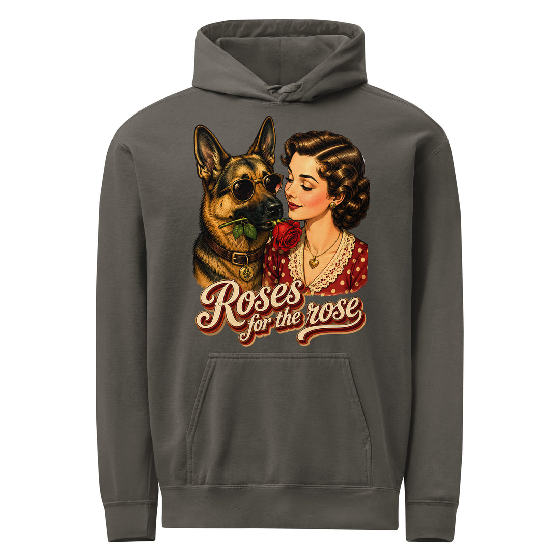 German Shepherd Lovers Unisex Garment-Dyed Hoodie | Vintage Retro Cool Dog with Rose Graphic Streetwear Sweatshirt by printfluence.net