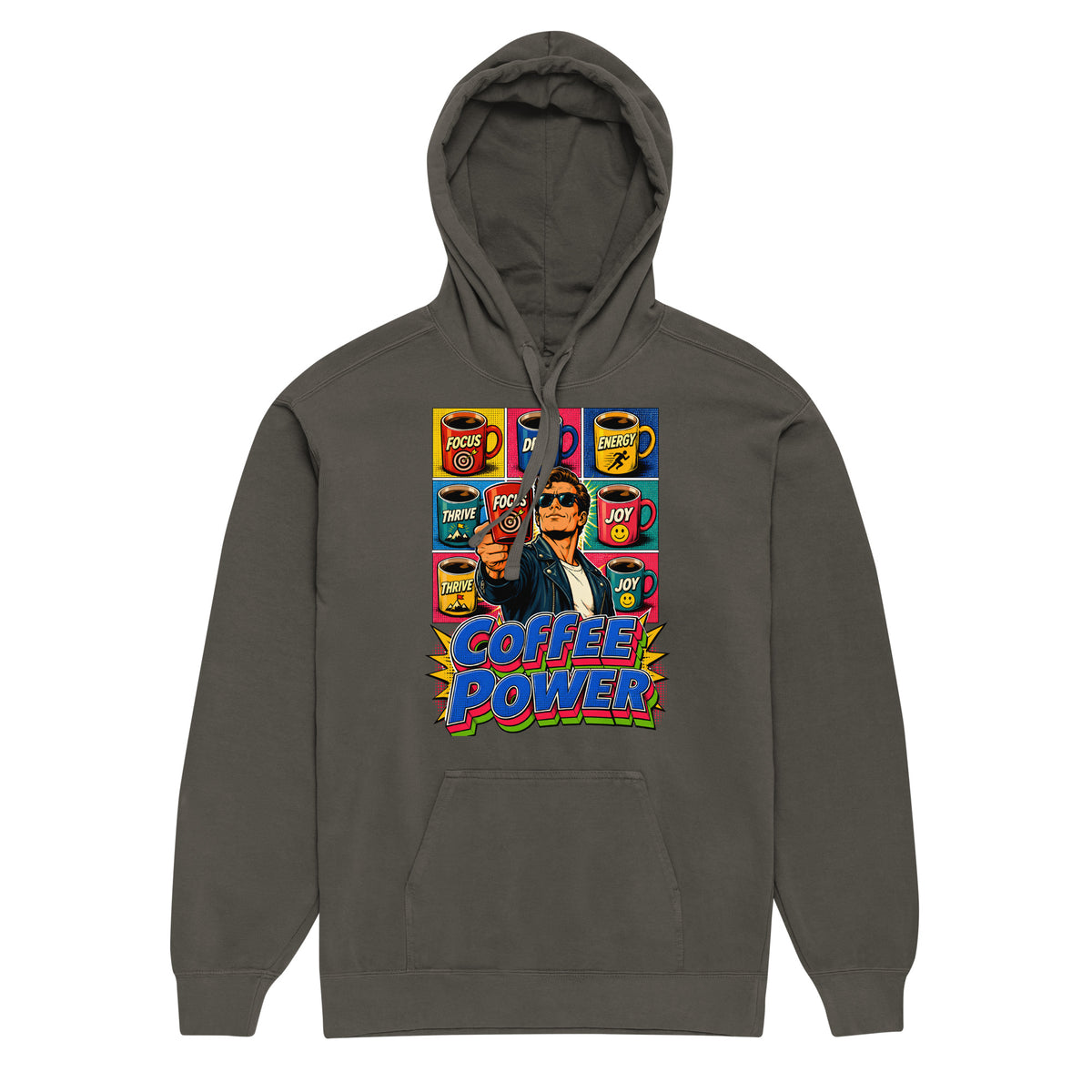 Coffee Lovers Unisex Garment-Dyed Hoodie Coffee Power – Retro Pop Art Motivational Graphic Pullover by printfluence.net
