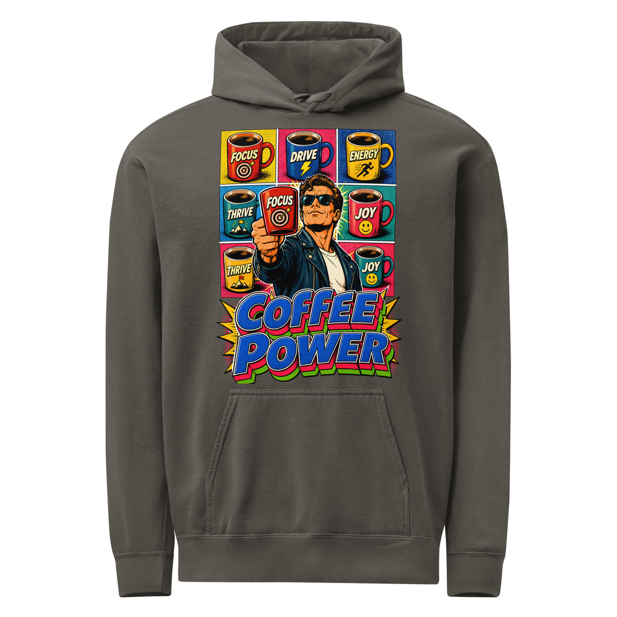 Coffee Lovers Unisex Garment-Dyed Hoodie Coffee Power – Retro Pop Art Motivational Graphic Pullover by printfluence.net