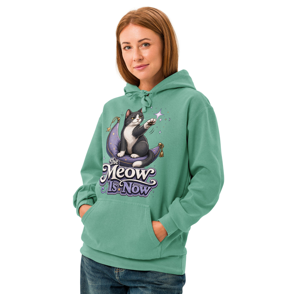 Cat Lovers "The Meow Is Now" Unisex Garment-Dyed Hoodie by printfluence.net