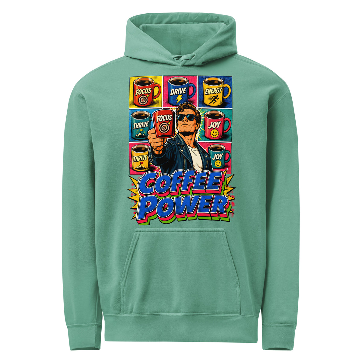 Coffee Lovers Unisex Garment-Dyed Hoodie Coffee Power – Retro Pop Art Motivational Graphic Pullover by printfluence.net