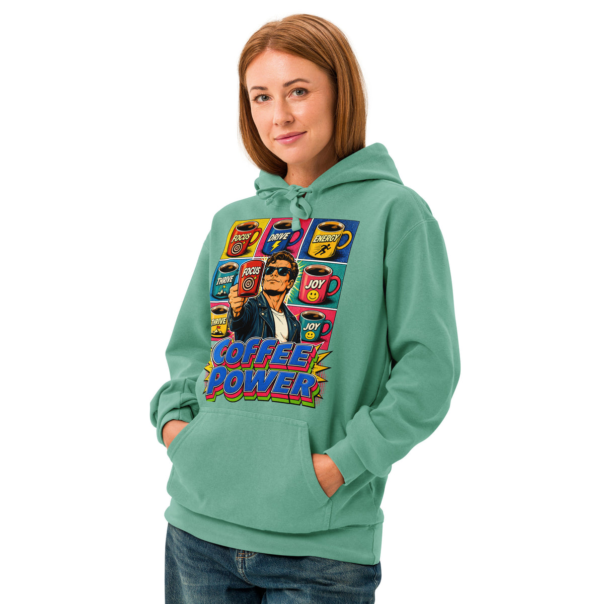 Coffee Lovers Unisex Garment-Dyed Hoodie Coffee Power – Retro Pop Art Motivational Graphic Pullover by printfluence.net