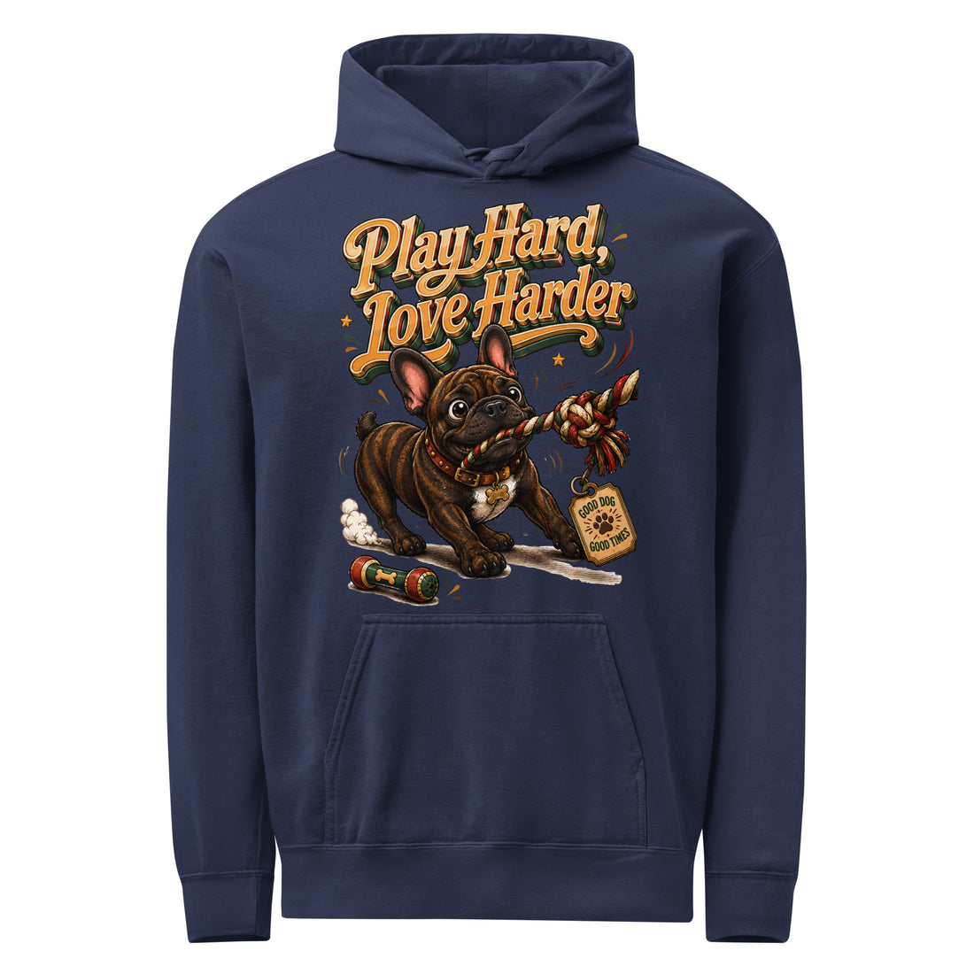 French Bulldog Play Hard Garment Dyed Unisex Hoodie by printfluence.net