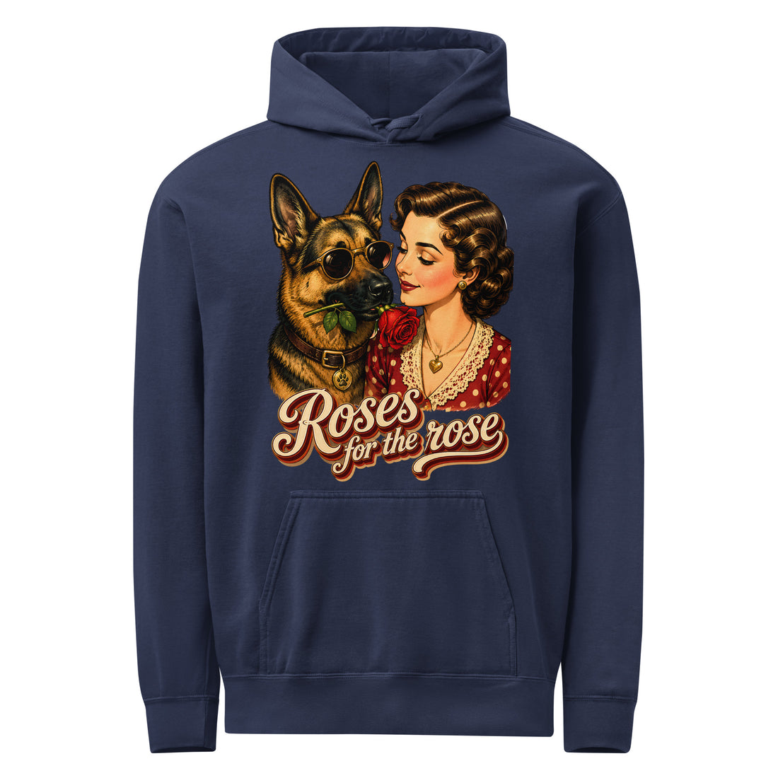 German Shepherd Lovers Unisex Garment-Dyed Hoodie | Vintage Retro Cool Dog with Rose Graphic Streetwear Sweatshirt by printfluence.net