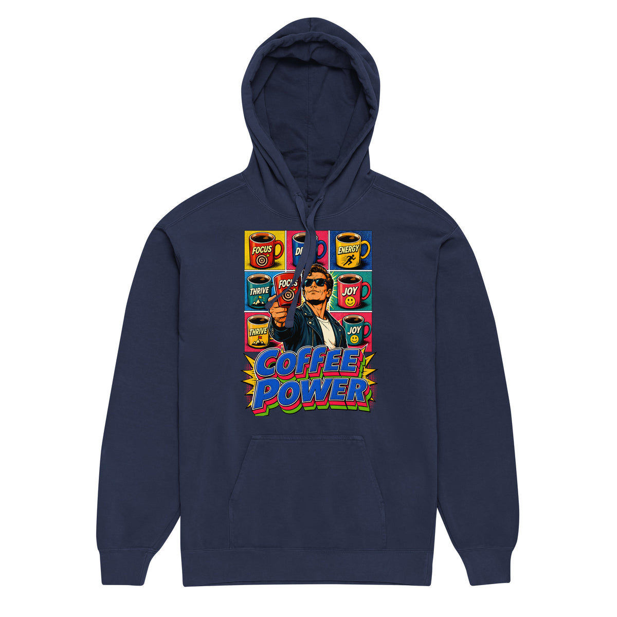 Coffee Lovers Unisex Garment-Dyed Hoodie Coffee Power – Retro Pop Art Motivational Graphic Pullover by printfluence.net