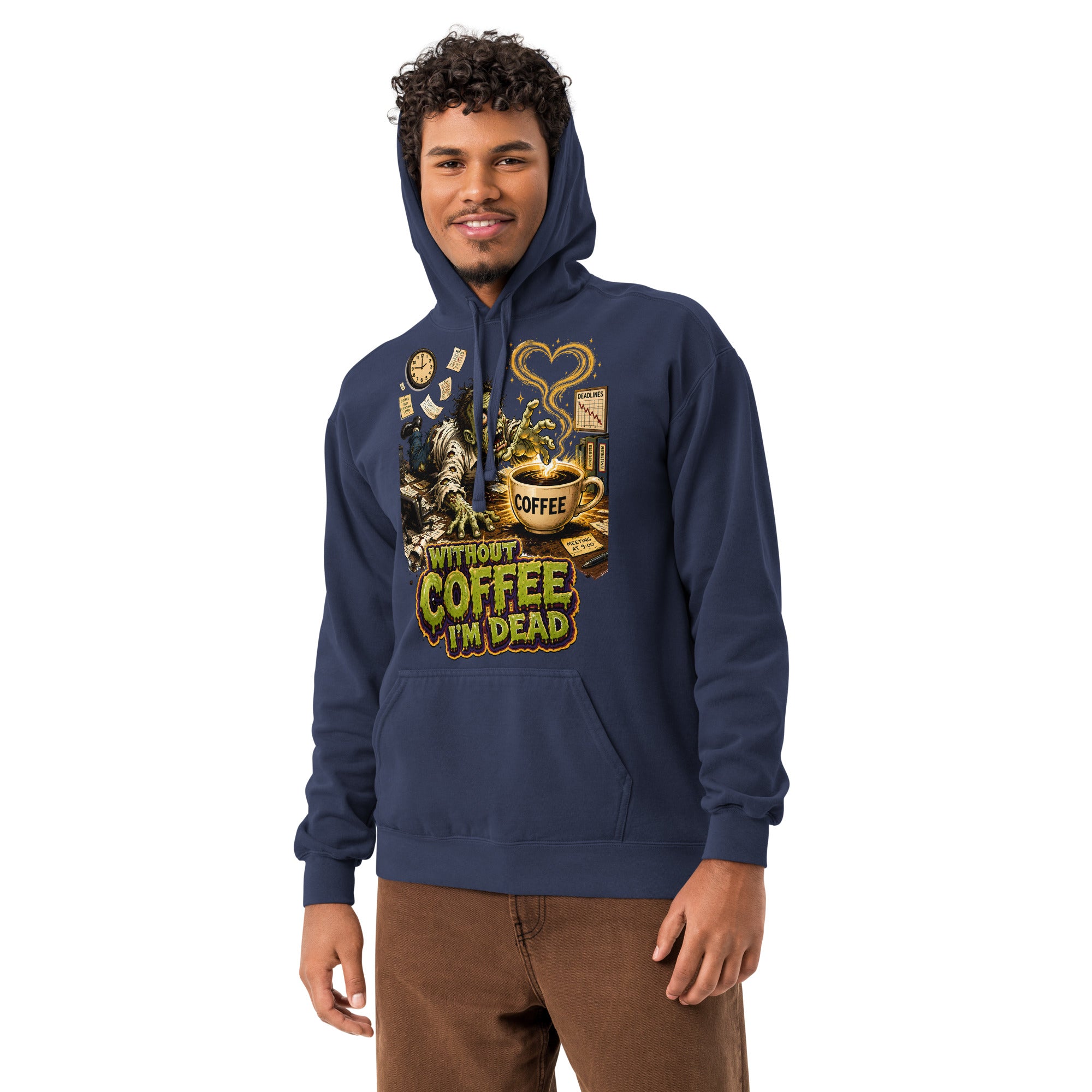 Coffee Lovers Unisex Garment-Dyed Hoodie Without Coffee I'm Dead – Zombie Office Humor Graphic Pullover by printfluence.net