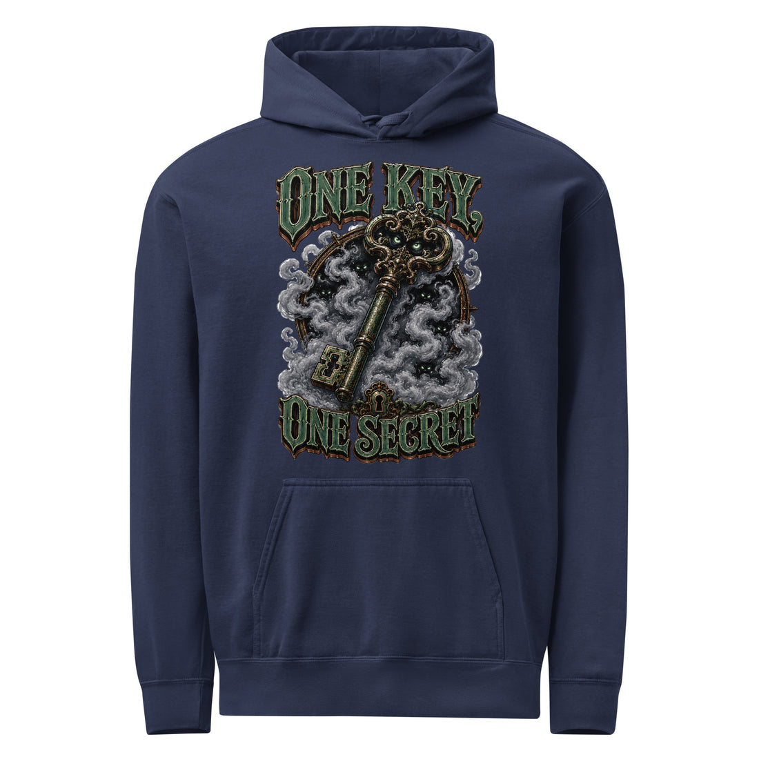 Horror & Mystery Lovers Unisex Garment-Dyed Hoodie with "One Key, One Secret" Design by printfluence.net