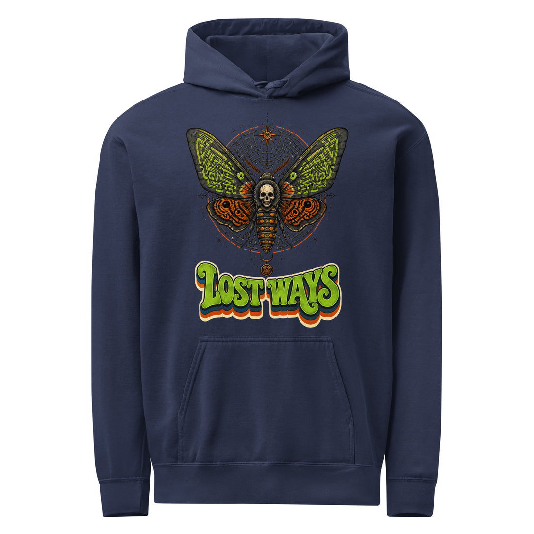 Horror & Mystery Lovers Unisex Garment-Dyed Hoodie with Death's-Head Moth and "Lost Ways" Maze Design by printfluence.net