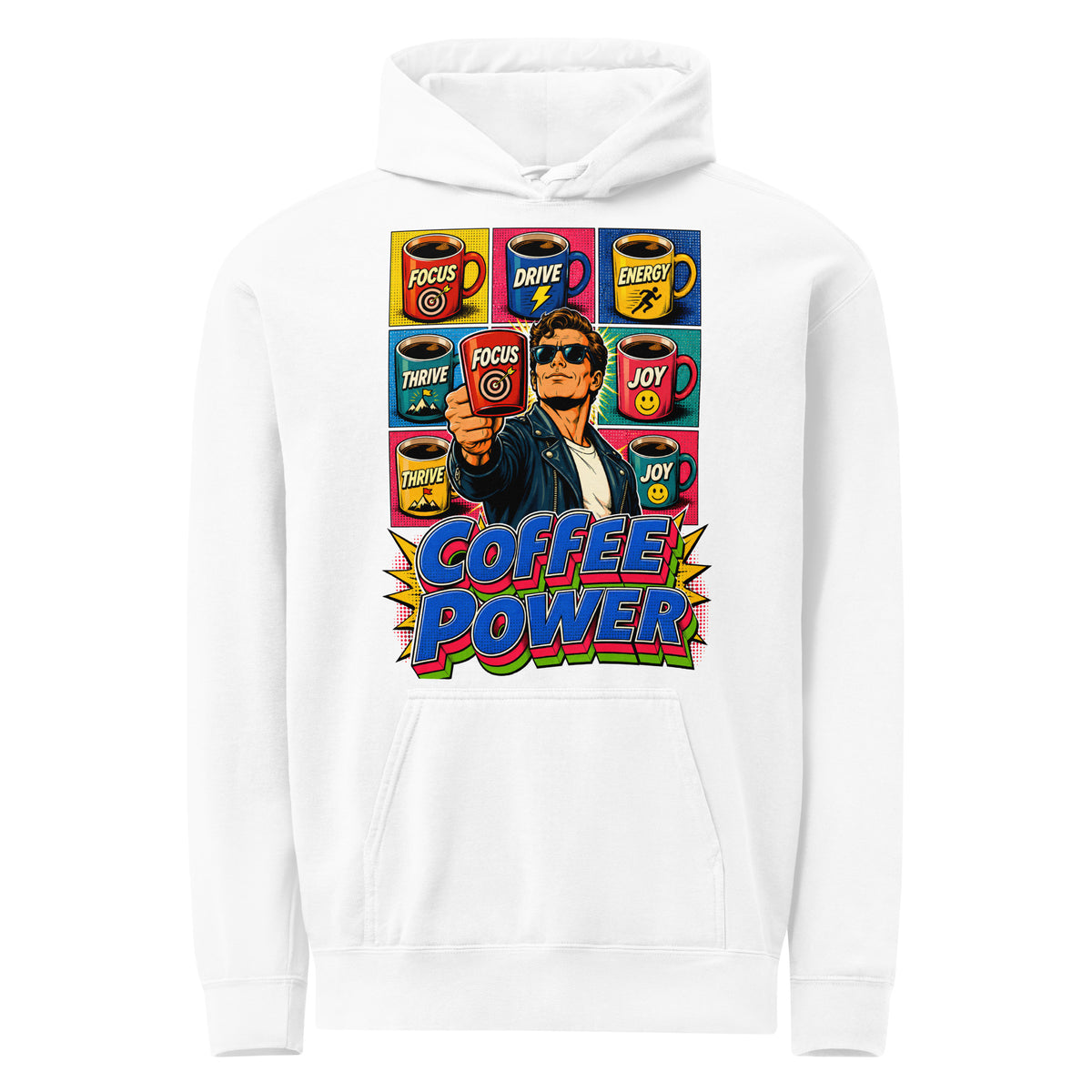 Coffee Lovers Unisex Garment-Dyed Hoodie Coffee Power – Retro Pop Art Motivational Graphic Pullover by printfluence.net