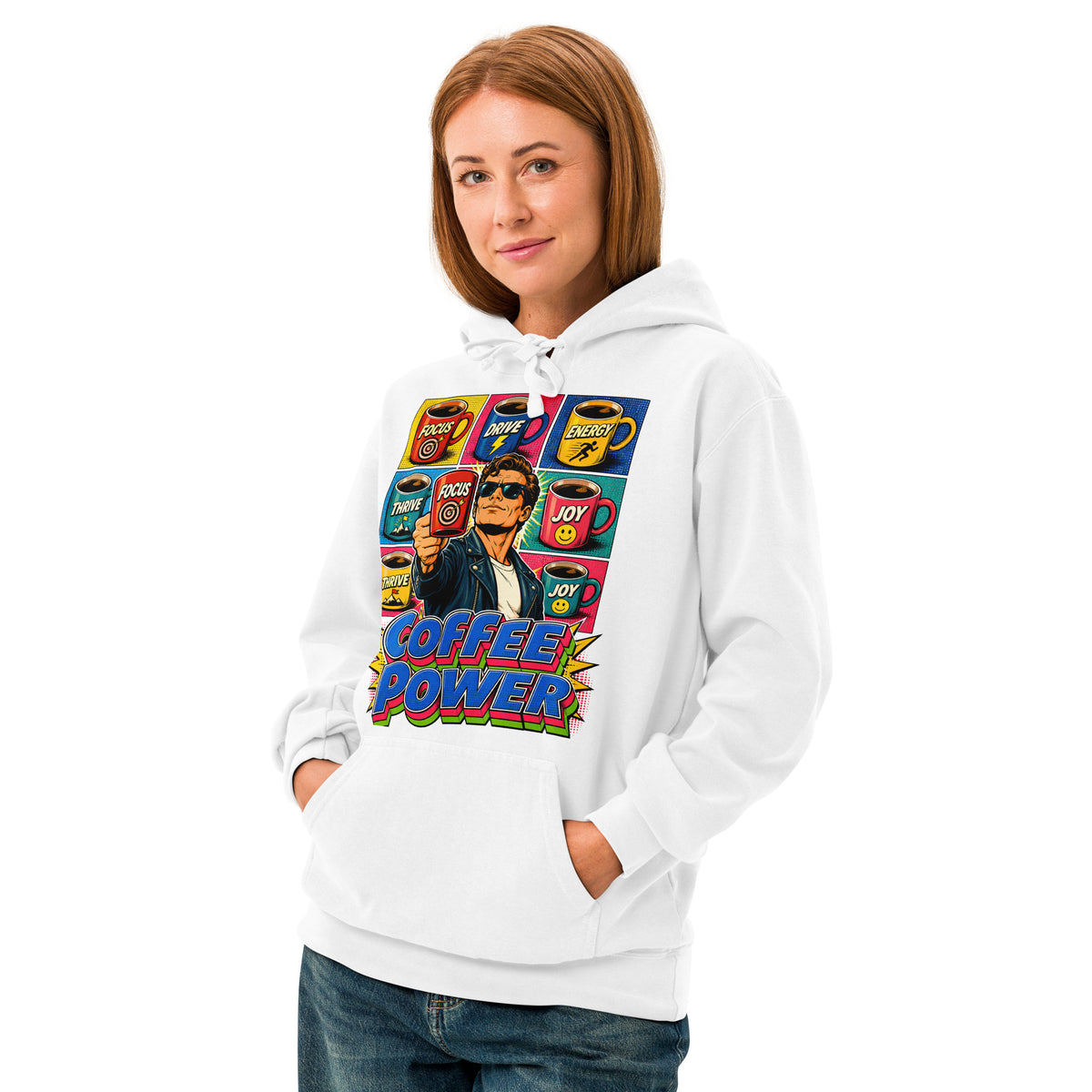 Coffee Lovers Unisex Garment-Dyed Hoodie Coffee Power – Retro Pop Art Motivational Graphic Pullover by printfluence.net