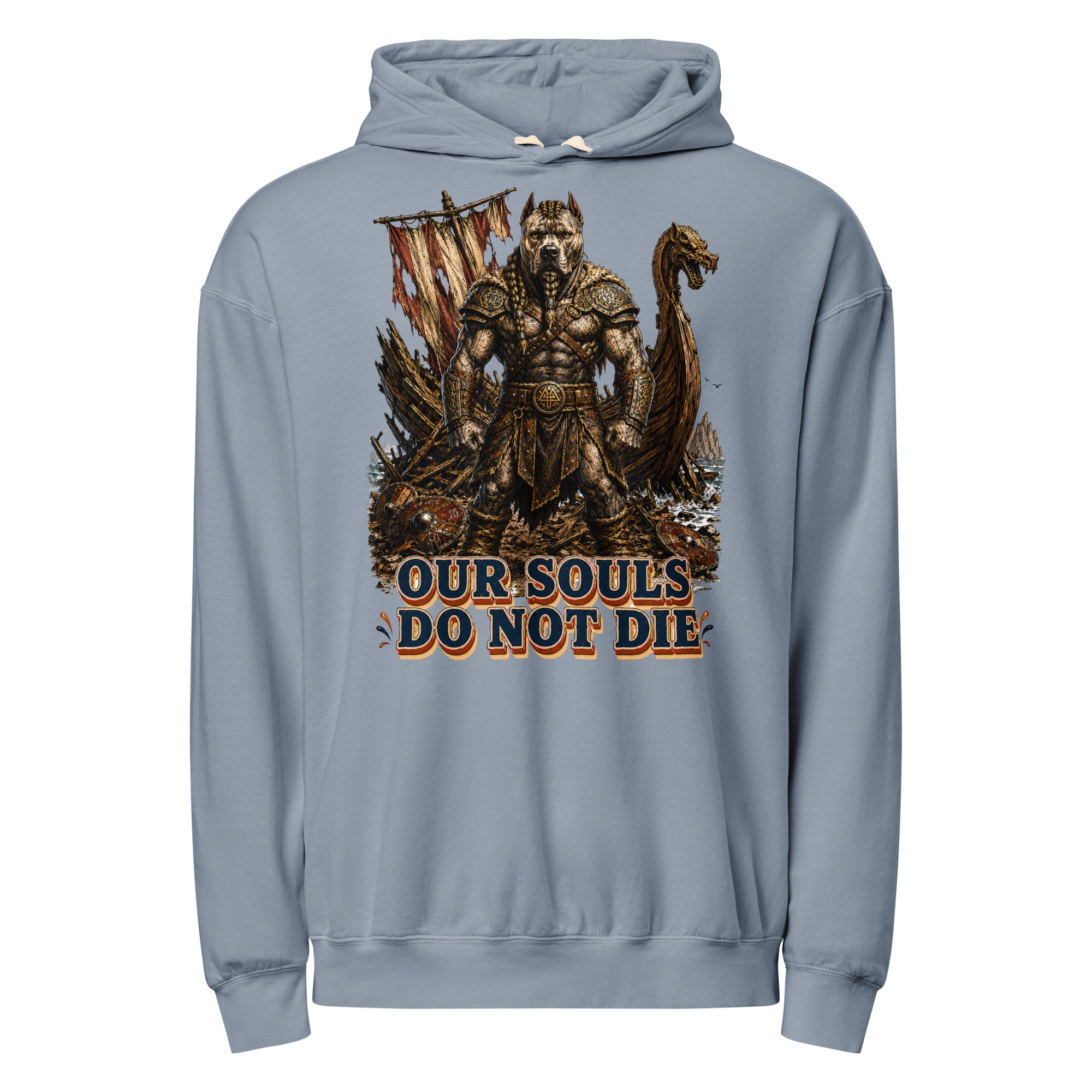 Our Souls Do Not Die Viking Pitbull Garment-Dyed Hoodie | Lightweight Pullover for Pitbull Lovers H-6 by printfluence.net