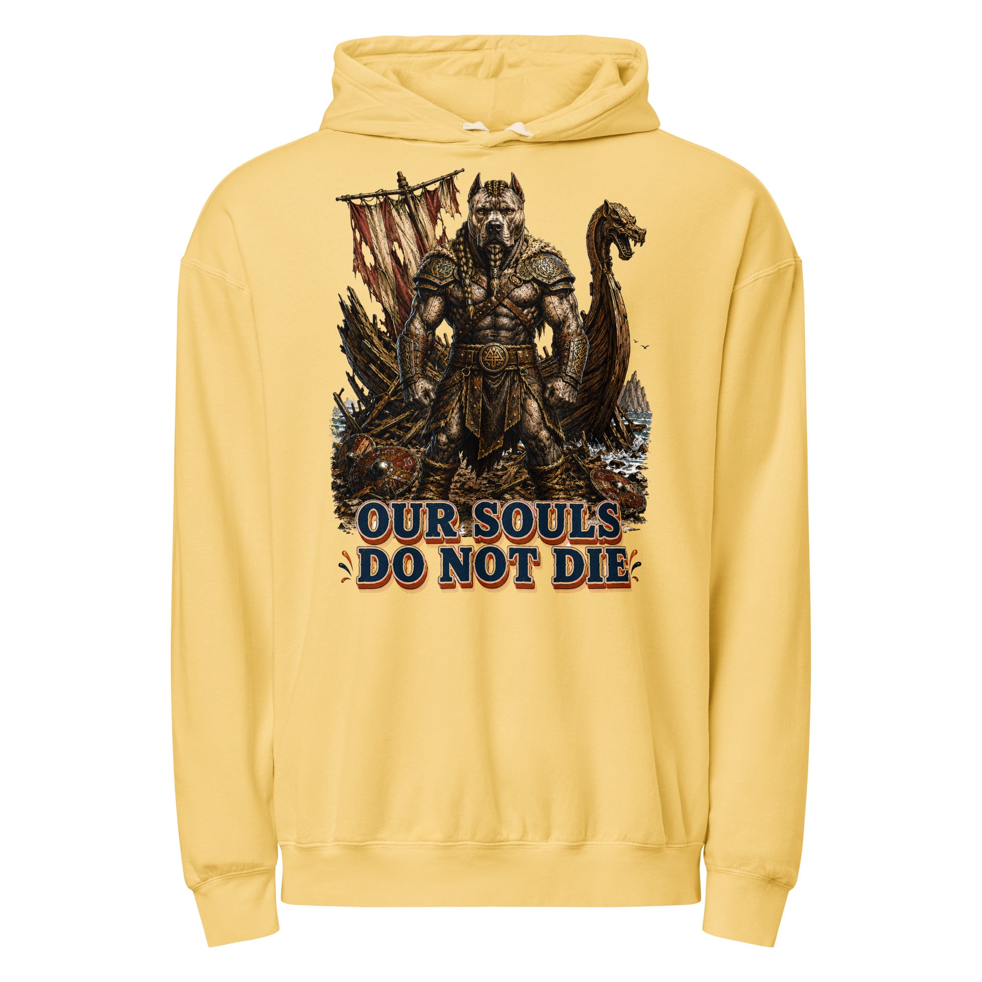 Our Souls Do Not Die Viking Pitbull Garment-Dyed Hoodie | Lightweight Pullover for Pitbull Lovers H-6 by printfluence.net