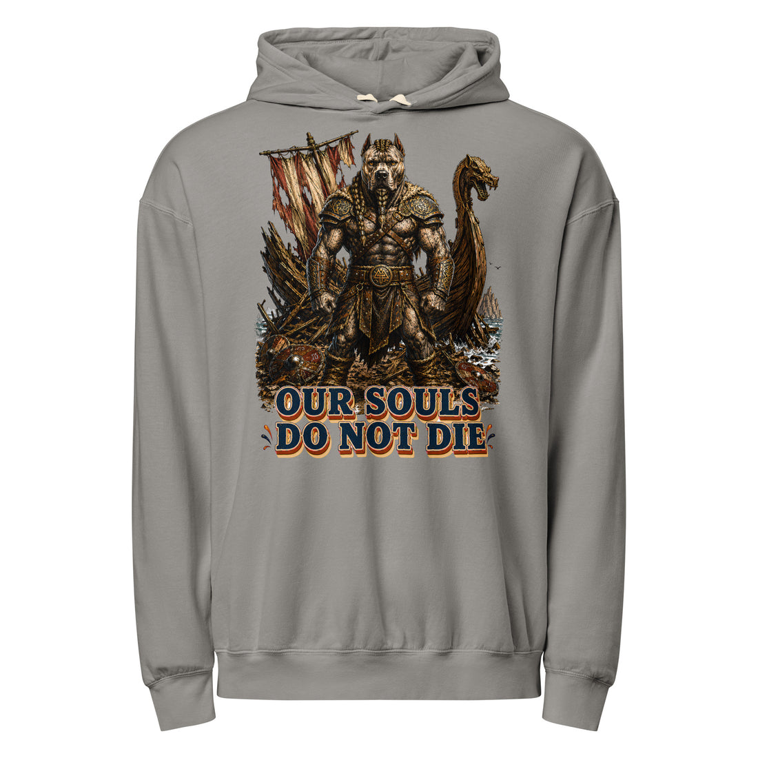Our Souls Do Not Die Viking Pitbull Garment-Dyed Hoodie | Lightweight Pullover for Pitbull Lovers H-6 by printfluence.net