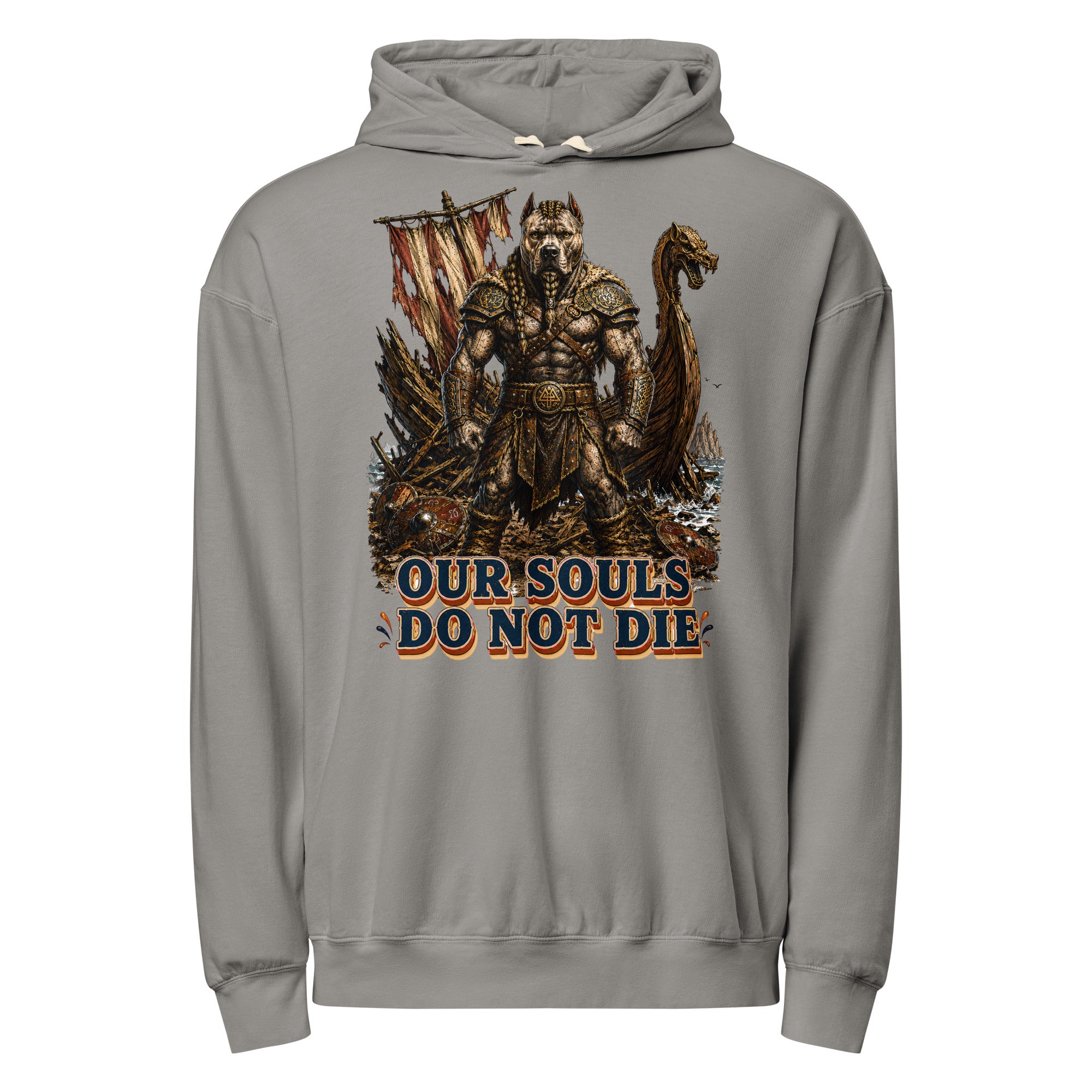 Our Souls Do Not Die Viking Pitbull Garment-Dyed Hoodie | Lightweight Pullover for Pitbull Lovers H-6 by printfluence.net