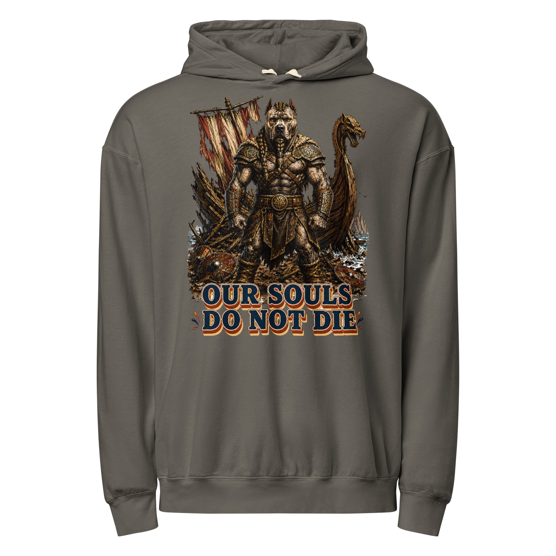 Our Souls Do Not Die Viking Pitbull Garment-Dyed Hoodie | Lightweight Pullover for Pitbull Lovers H-6 by printfluence.net