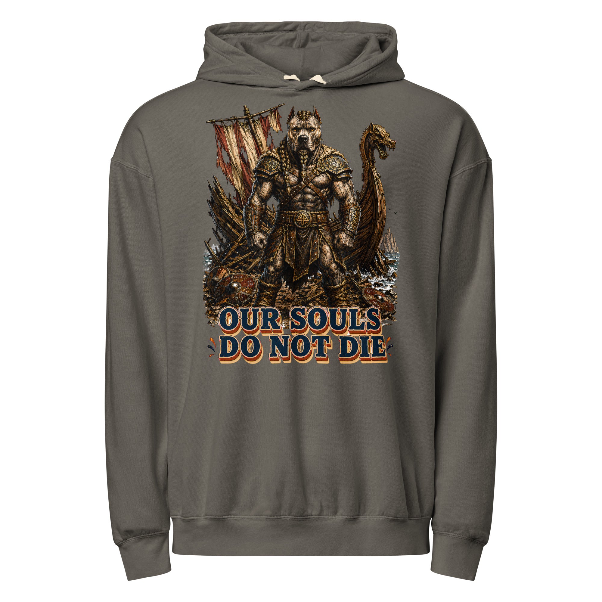 Our Souls Do Not Die Viking Pitbull Garment-Dyed Hoodie | Lightweight Pullover for Pitbull Lovers H-6 by printfluence.net