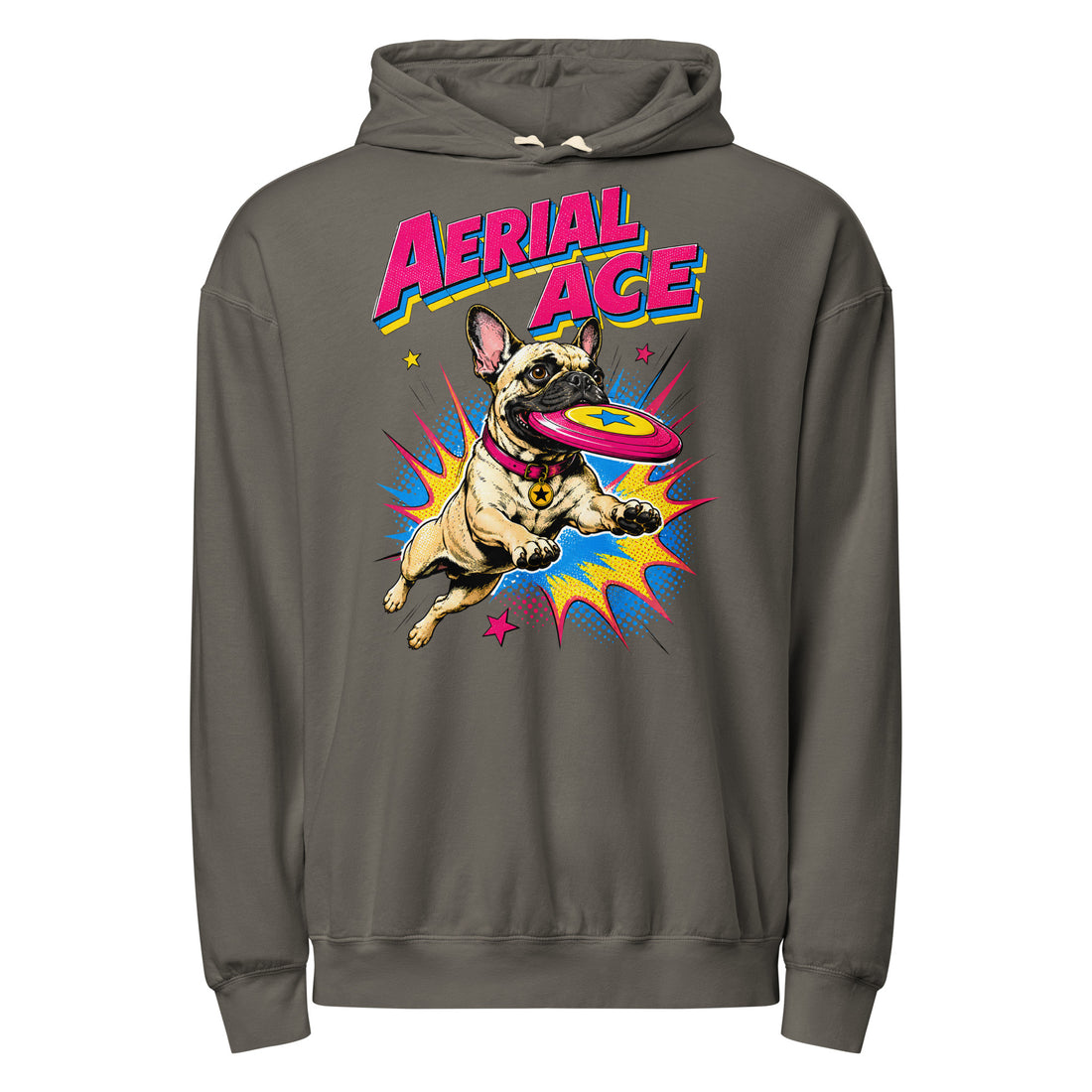 Frenchie Aerial Ace Lightweight Hoodie - Unisex Vintage Garment Dyed French Bulldog Lovers Pullover H-6 by printfluence.net