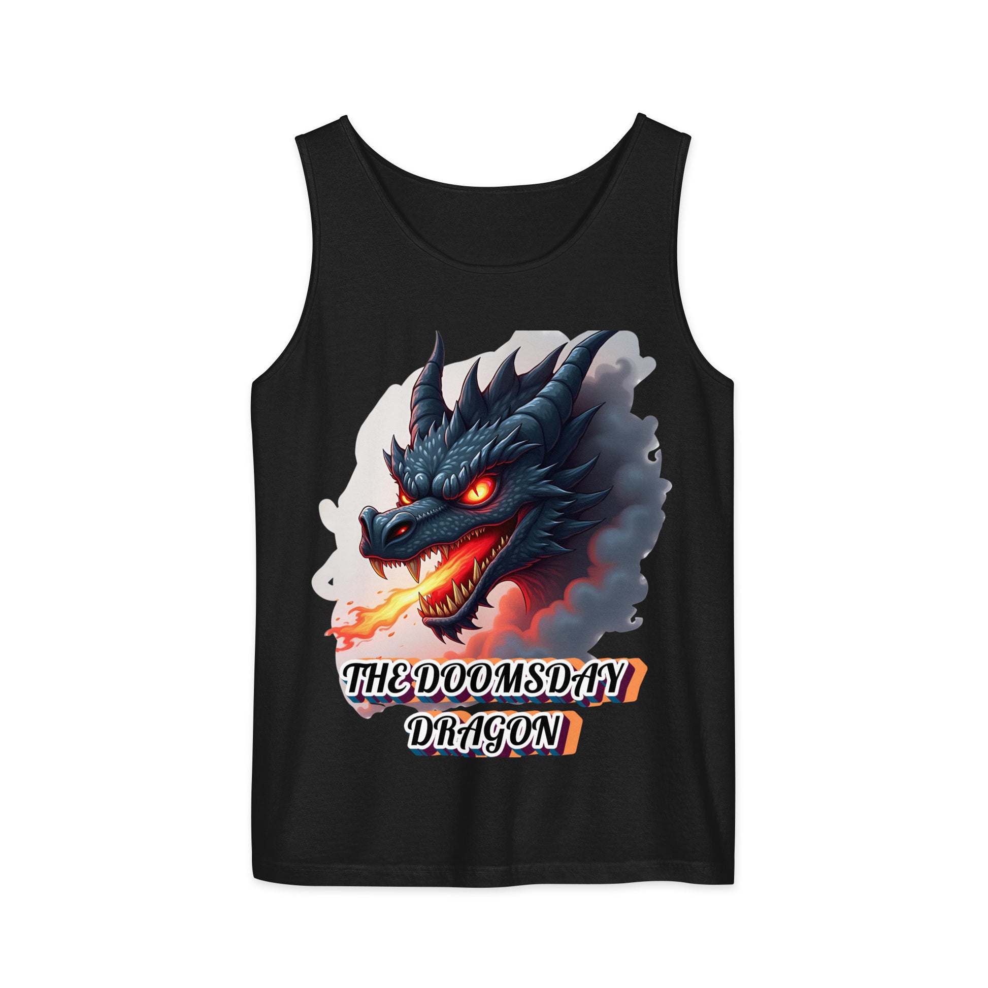 Unisex garment-dyed tank top -The Doomsday Dragon Unisex Garment-Dyed Tank Top – Mysterious Dark Fire Streetwear for Fearless Souls by printfluence.net