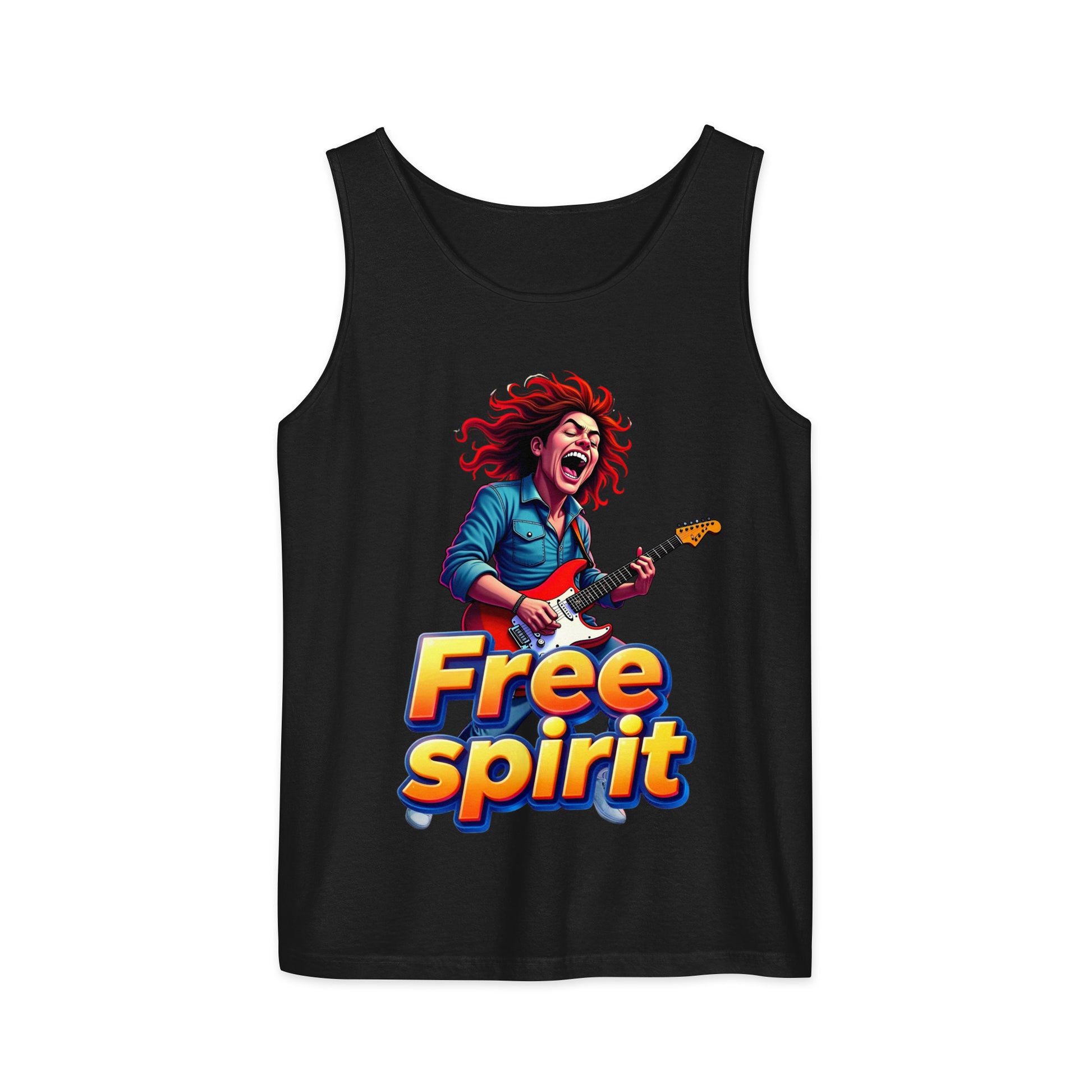 Unisex garment-dyed tank top - Free Spirit Guitarist Unisex Garment-Dyed Tank Top – Luxury Rock Vibes for Unique Souls by printfluence.net