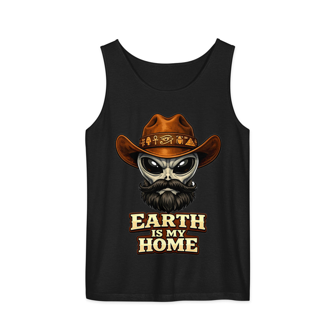 Unisex garment-dyed tank top - Earth Is My Home. Alien Cowboy - Premium Graphic Unisex Garment-Dyed Tank Top by printfluence.net