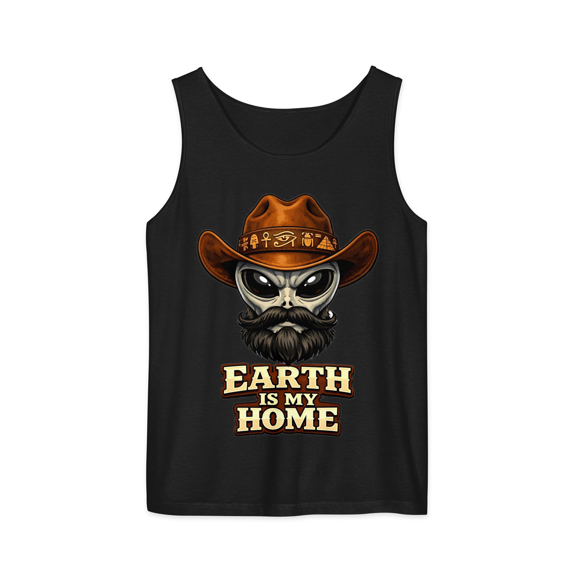 Unisex garment-dyed tank top - Earth Is My Home. Alien Cowboy - Premium Graphic Unisex Garment-Dyed Tank Top by printfluence.net
