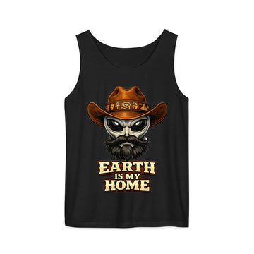 Unisex garment-dyed tank top - Earth Is My Home. Alien Cowboy - Premium Graphic Unisex Garment-Dyed Tank Top by printfluence.net