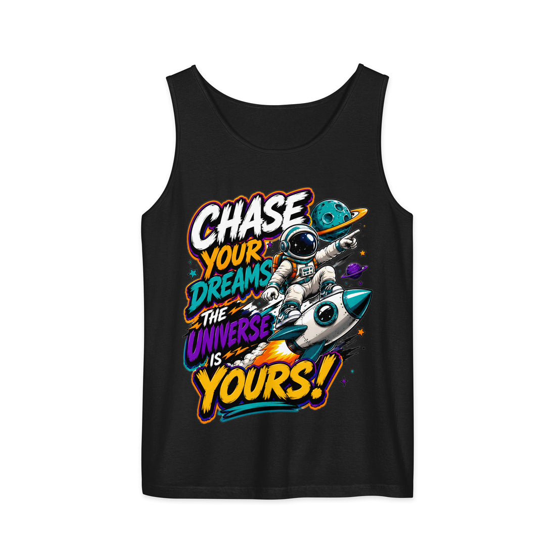 Unisex garment-dyed tank top - Cosmic Rocket Astronaut Chase Dreams - Premium Galaxy Universe Design by printfluence.net