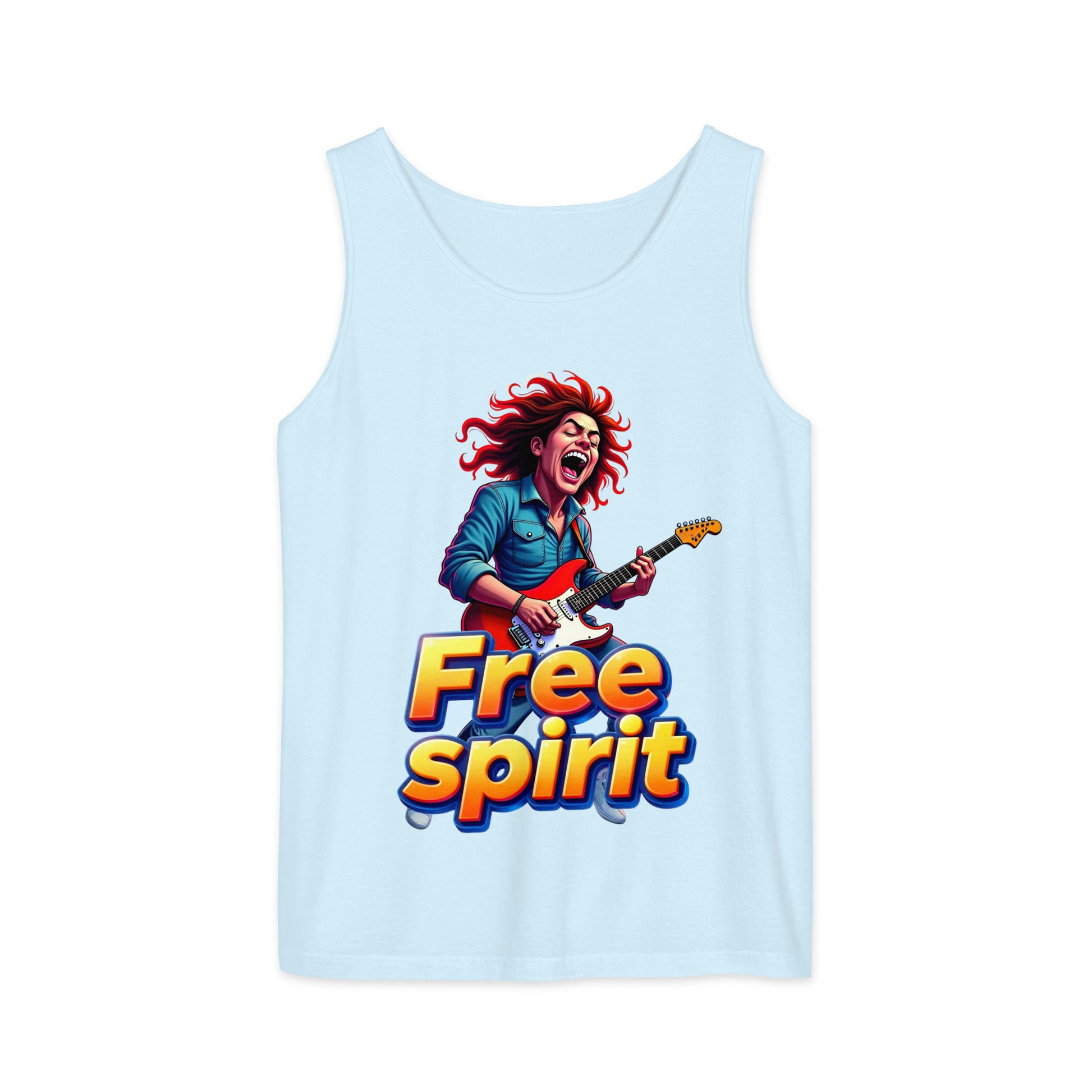 Unisex garment-dyed tank top - Free Spirit Guitarist Unisex Garment-Dyed Tank Top – Luxury Rock Vibes for Unique Souls by printfluence.net