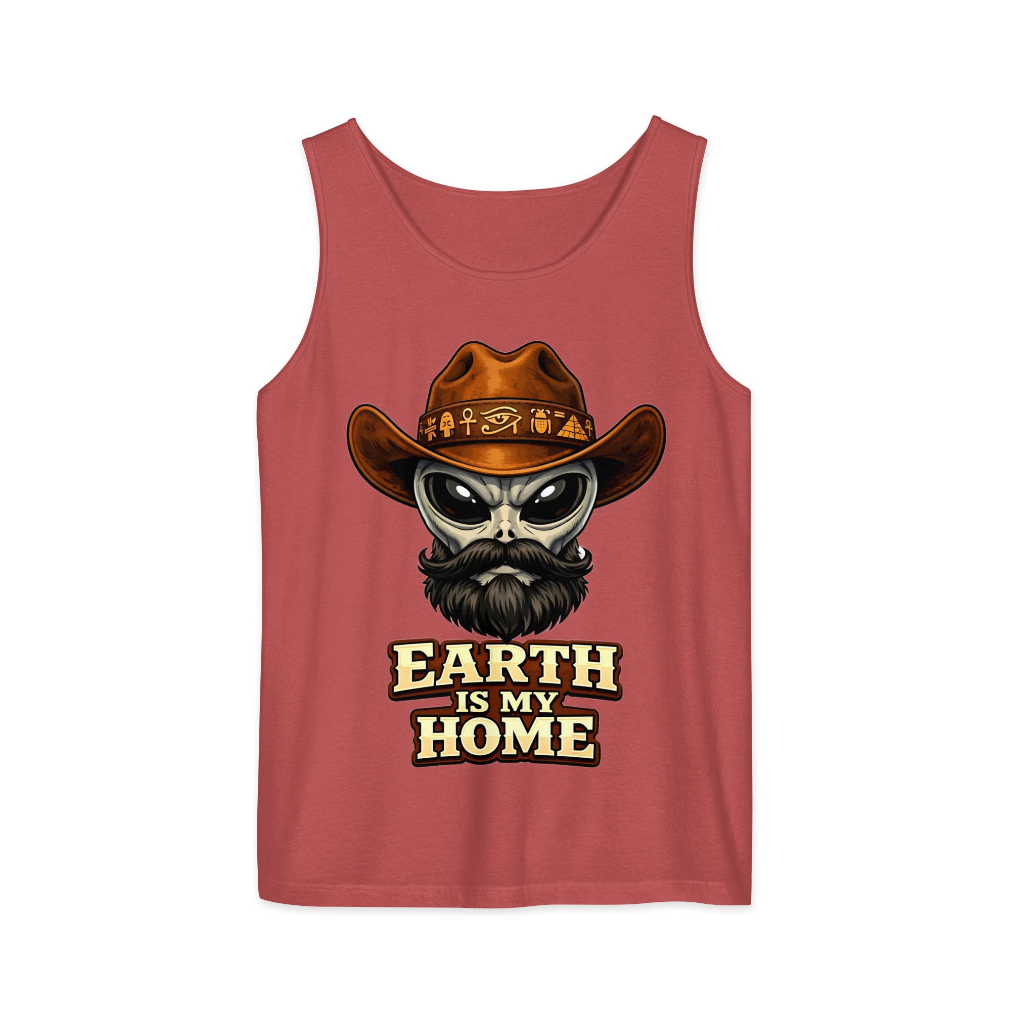 Unisex garment-dyed tank top - Earth Is My Home. Alien Cowboy - Premium Graphic Unisex Garment-Dyed Tank Top by printfluence.net