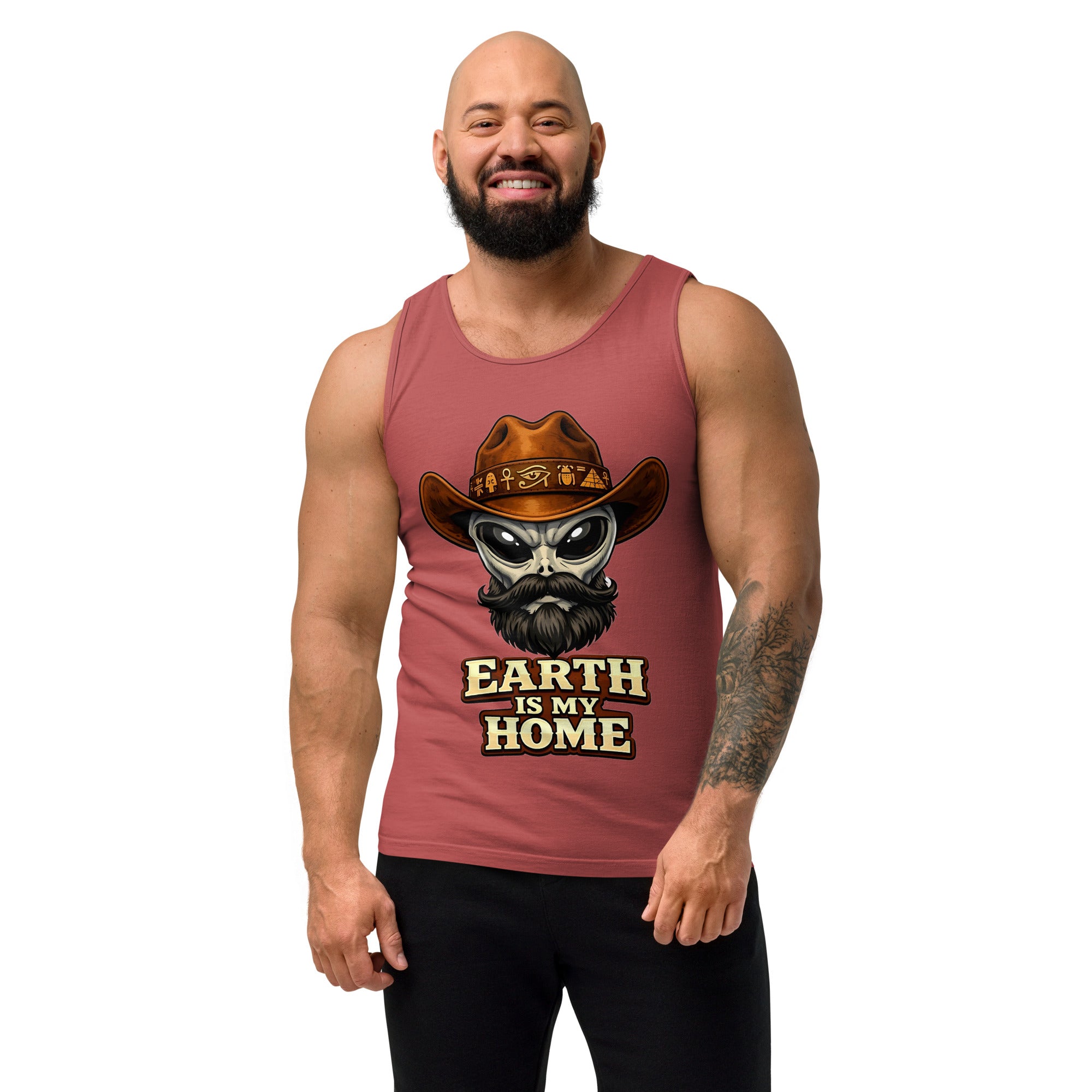 Unisex garment-dyed tank top - Earth Is My Home. Alien Cowboy - Premium Graphic Unisex Garment-Dyed Tank Top by printfluence.net
