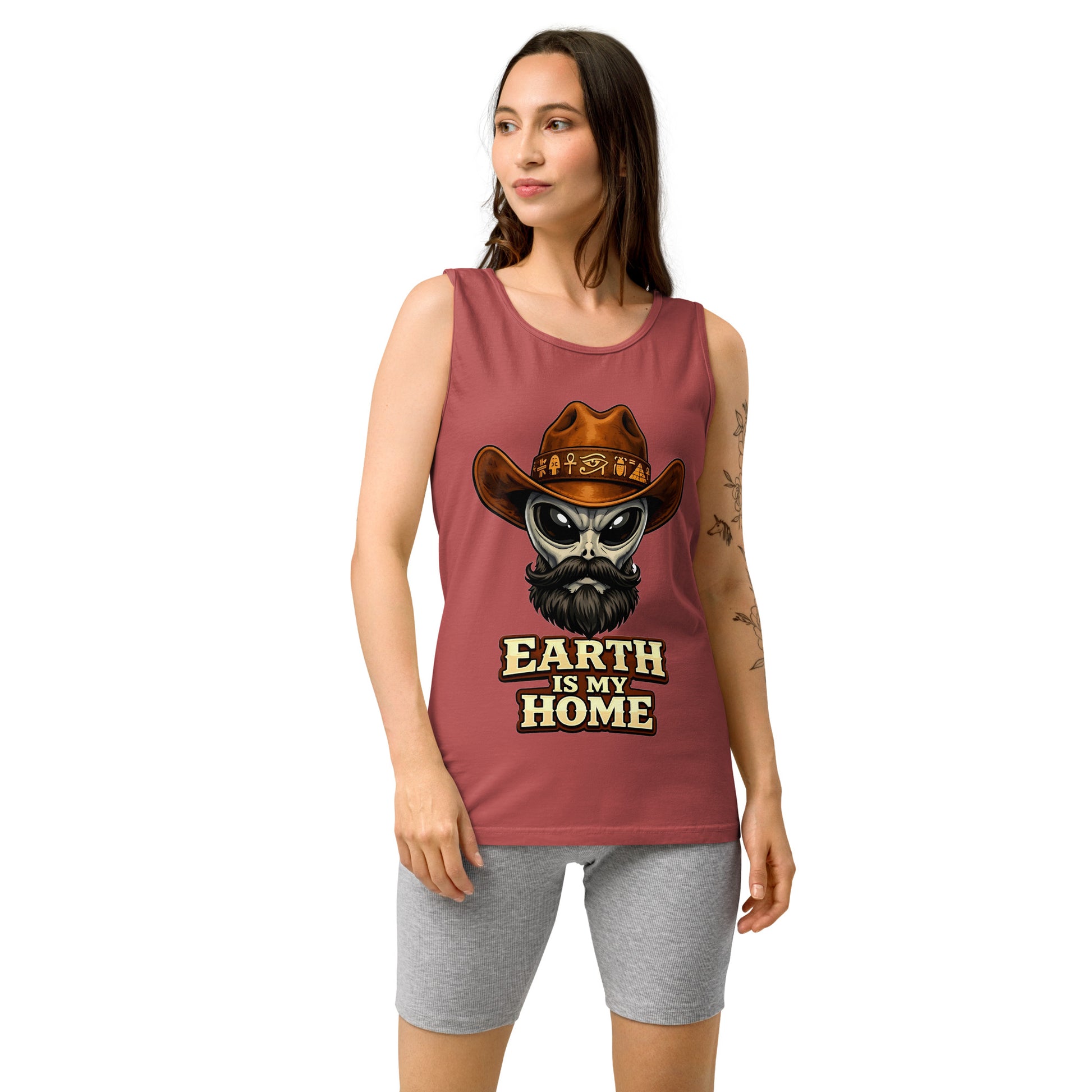 Unisex garment-dyed tank top - Earth Is My Home. Alien Cowboy - Premium Graphic Unisex Garment-Dyed Tank Top by printfluence.net