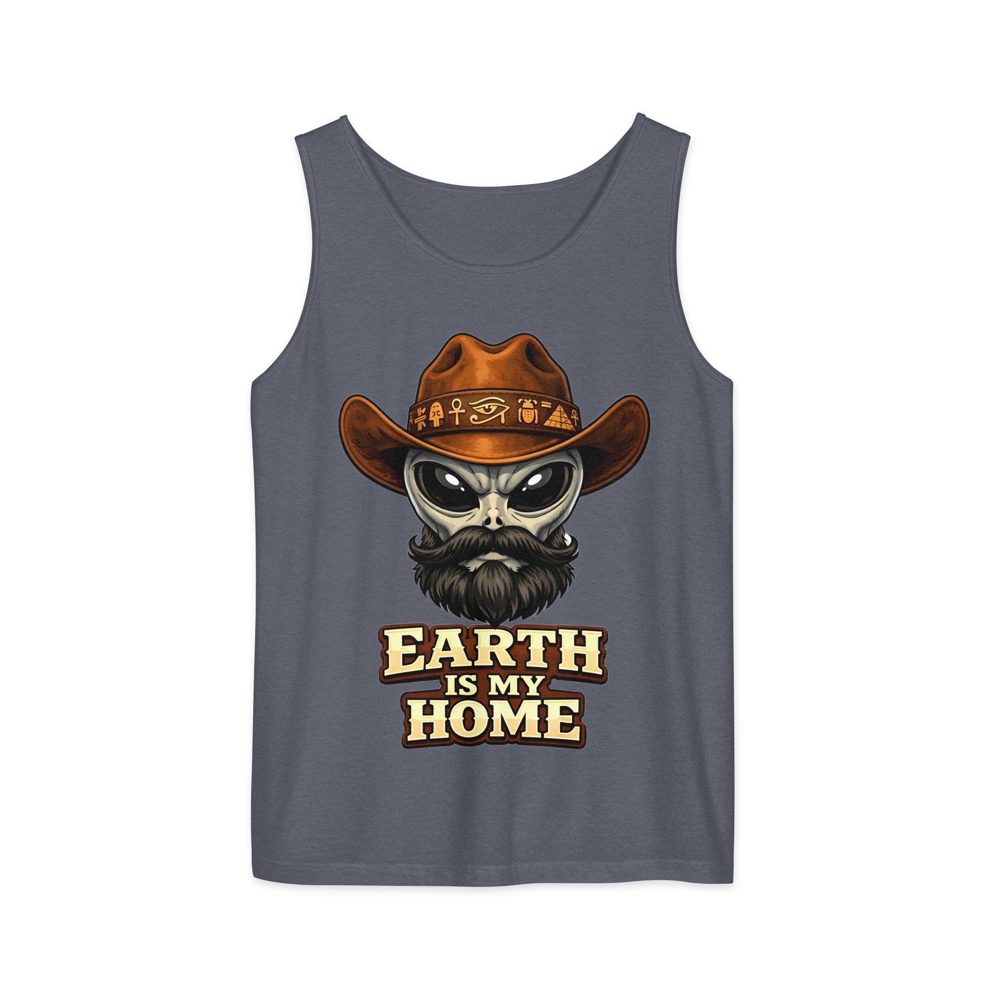 Unisex garment-dyed tank top - Earth Is My Home. Alien Cowboy - Premium Graphic Unisex Garment-Dyed Tank Top by printfluence.net