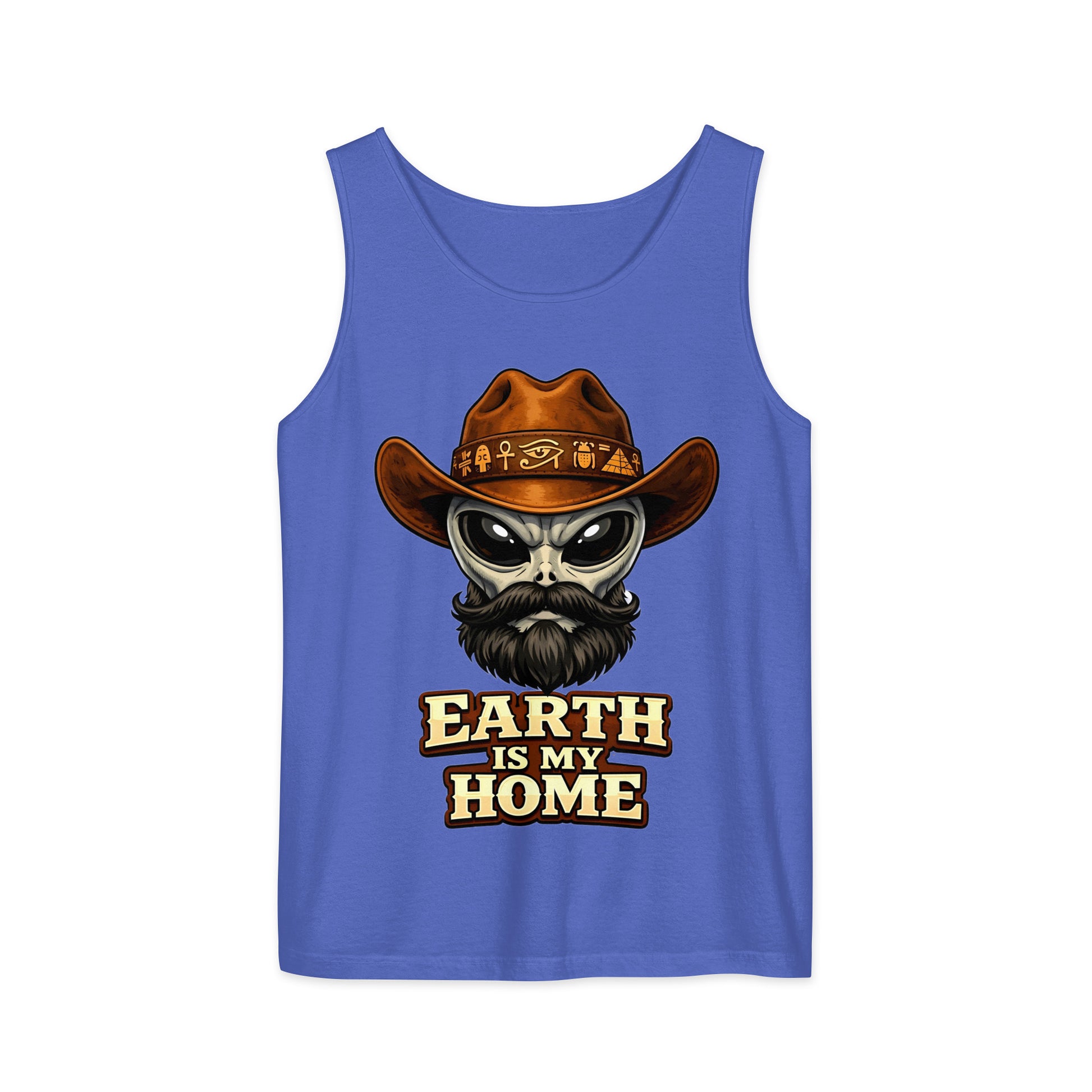 Unisex garment-dyed tank top - Earth Is My Home. Alien Cowboy - Premium Graphic Unisex Garment-Dyed Tank Top by printfluence.net