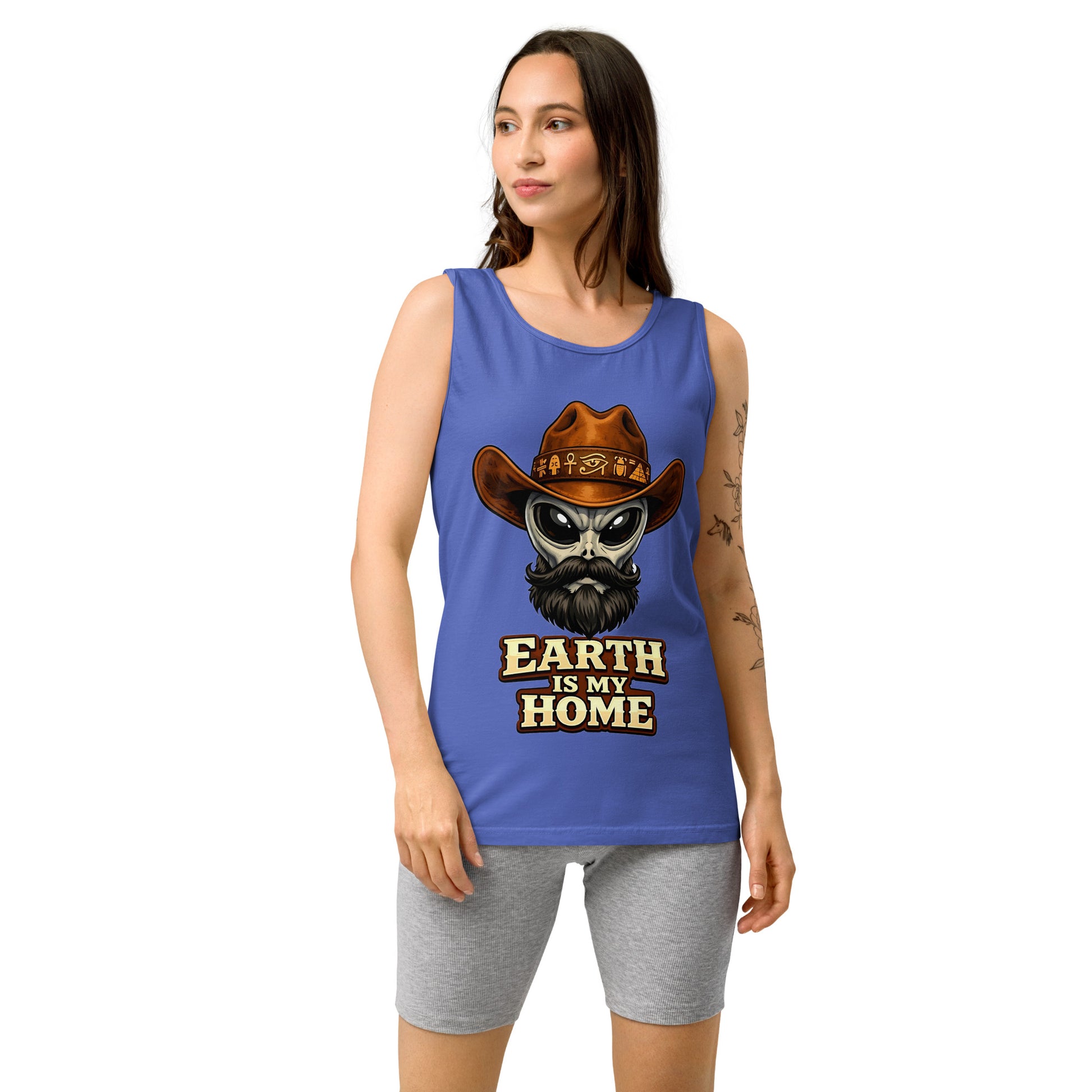 Unisex garment-dyed tank top - Earth Is My Home. Alien Cowboy - Premium Graphic Unisex Garment-Dyed Tank Top by printfluence.net