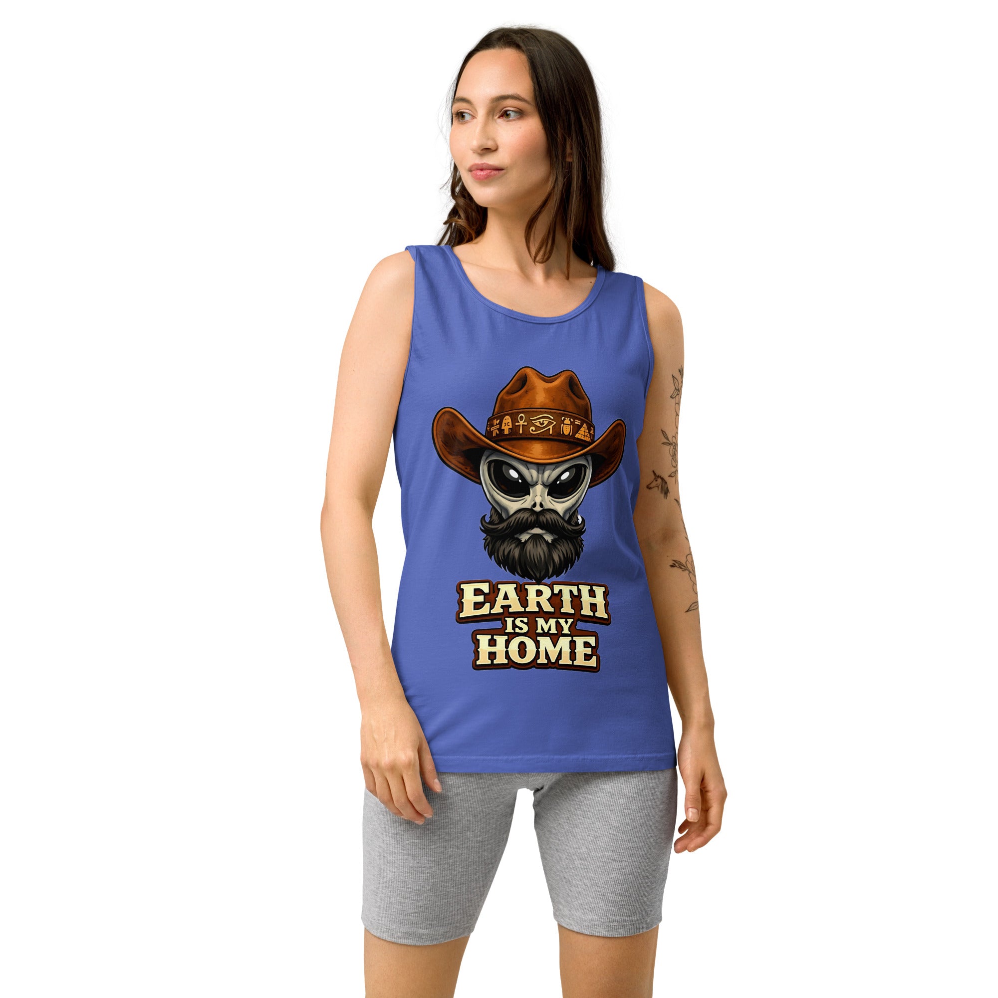 Unisex garment-dyed tank top - Earth Is My Home. Alien Cowboy - Premium Graphic Unisex Garment-Dyed Tank Top by printfluence.net